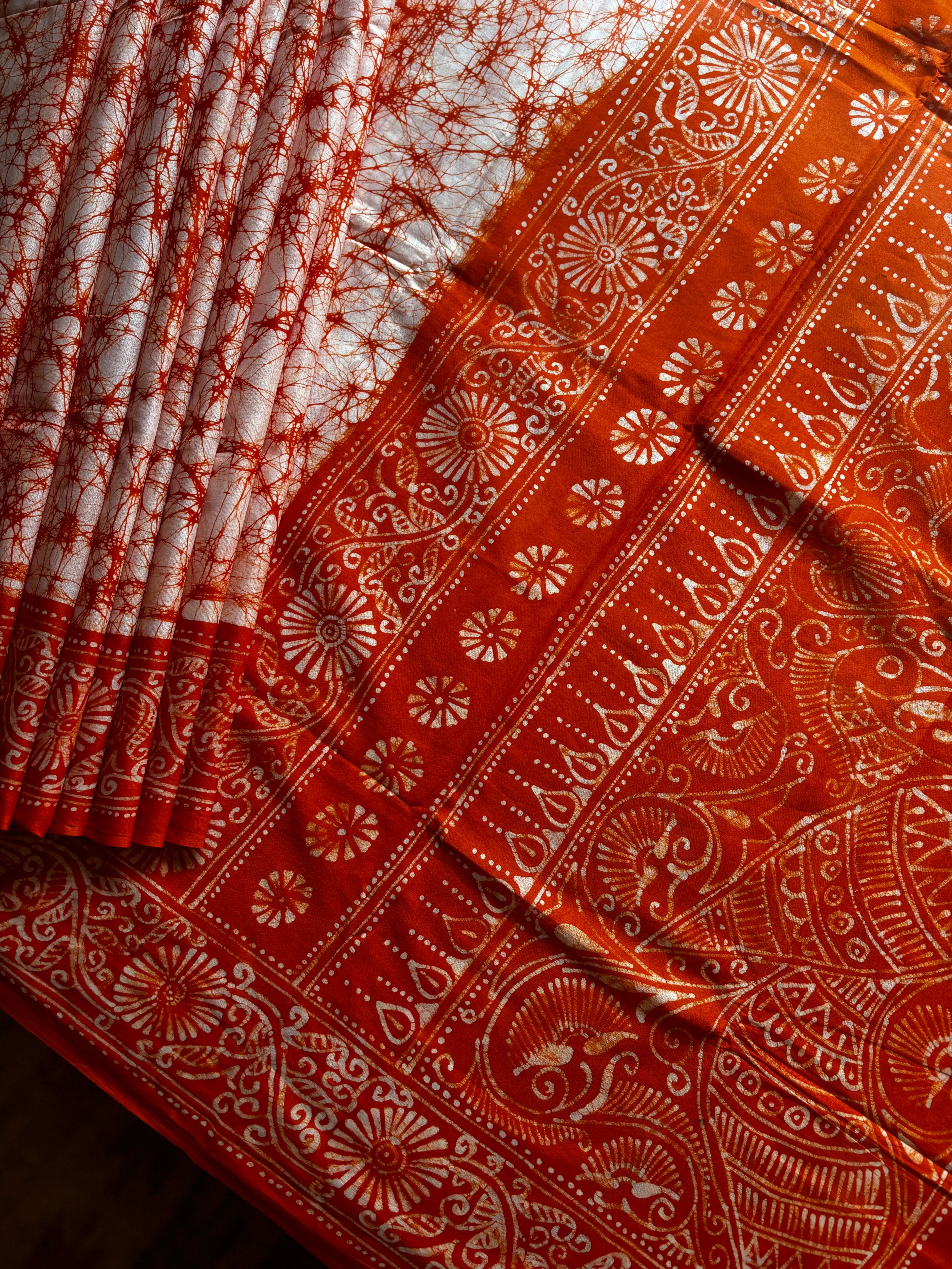 Handmade White Orange Pure Cotton Batik Saree