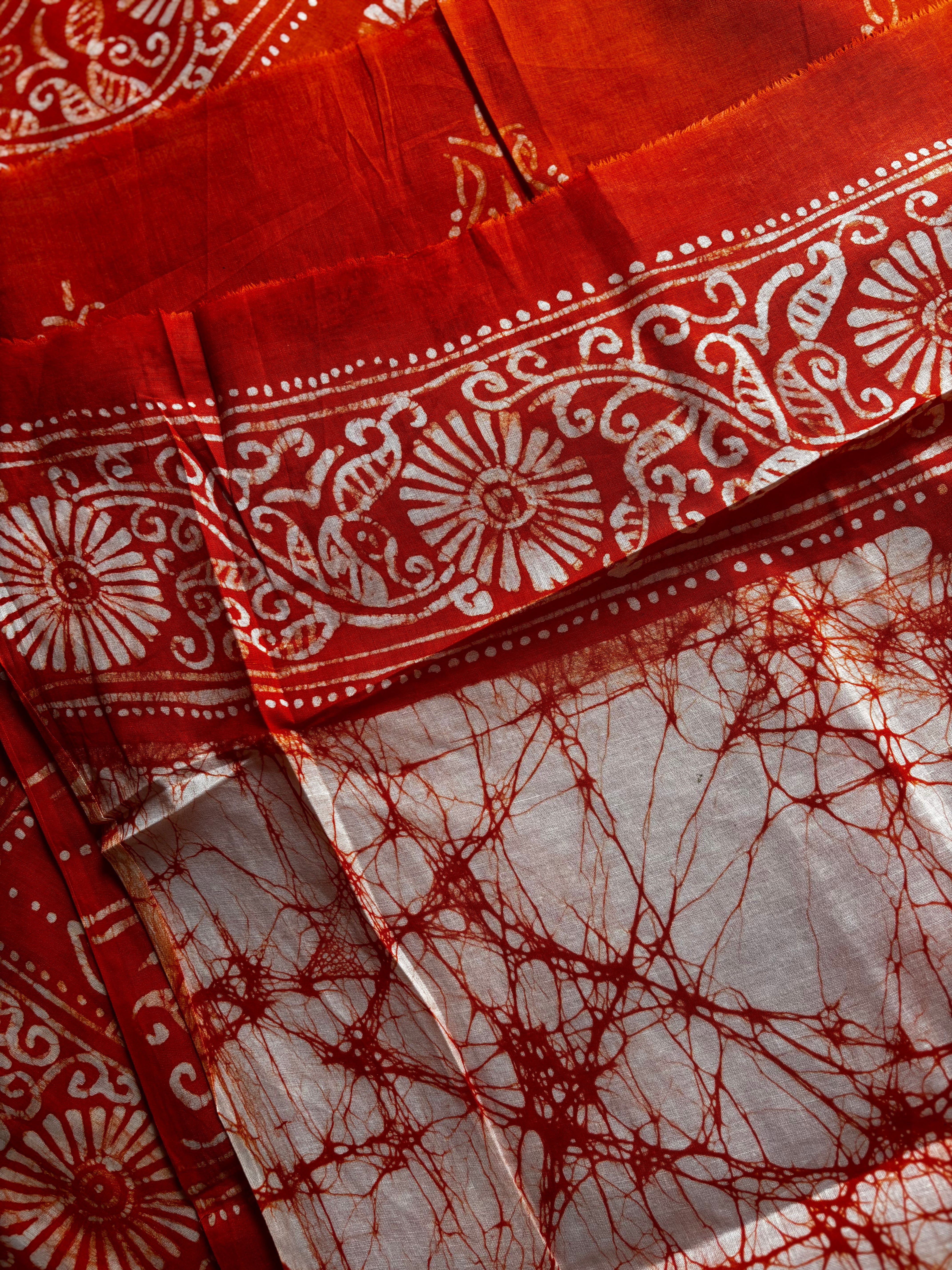 Handmade White Orange Pure Cotton Batik Saree