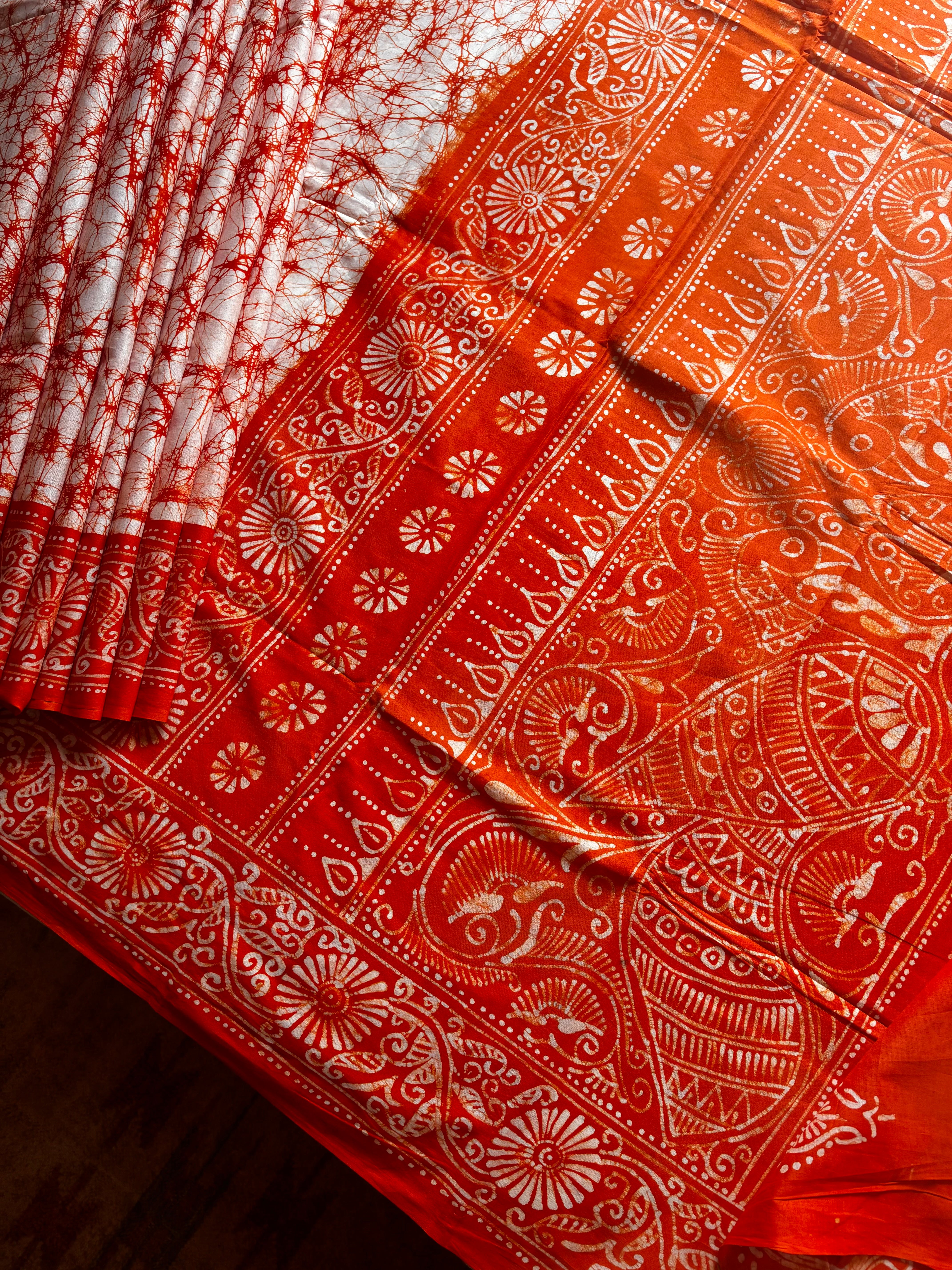 Handmade White Orange Pure Cotton Batik Saree