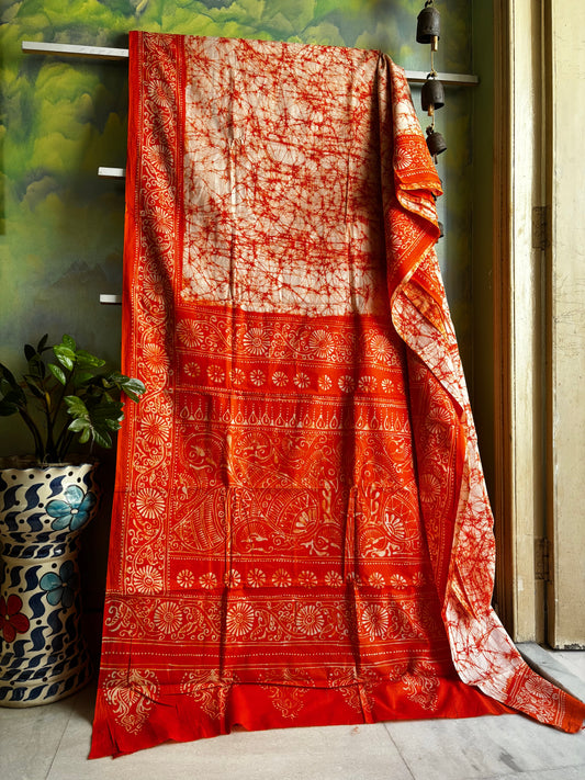 Handmade White Orange Pure Cotton Batik Saree