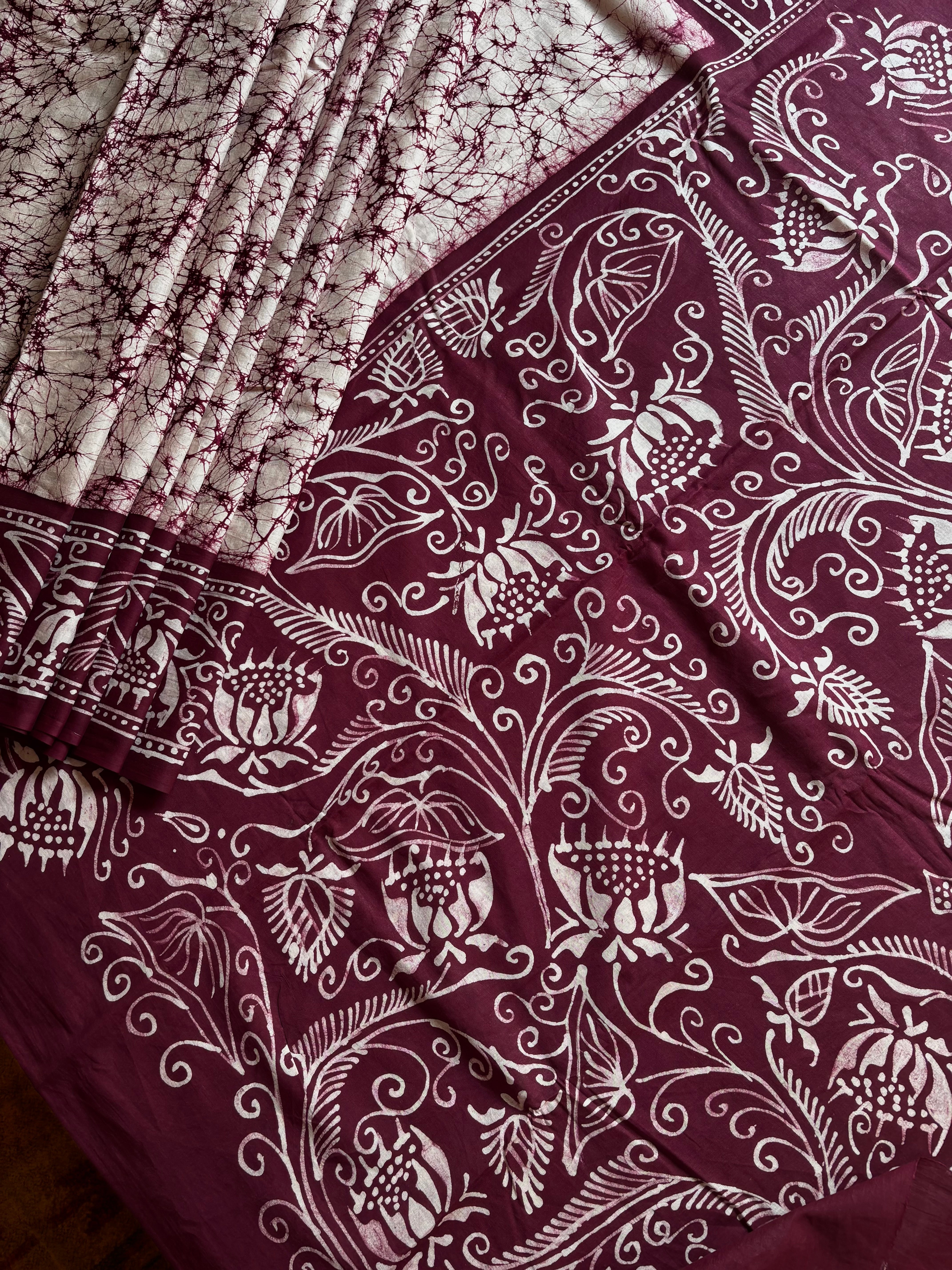 Handmade White Colour Pure Cotton Batik Saree