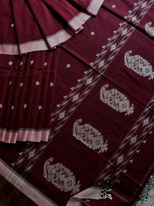 Handwoven Dark Maroon Cotton Jamdani