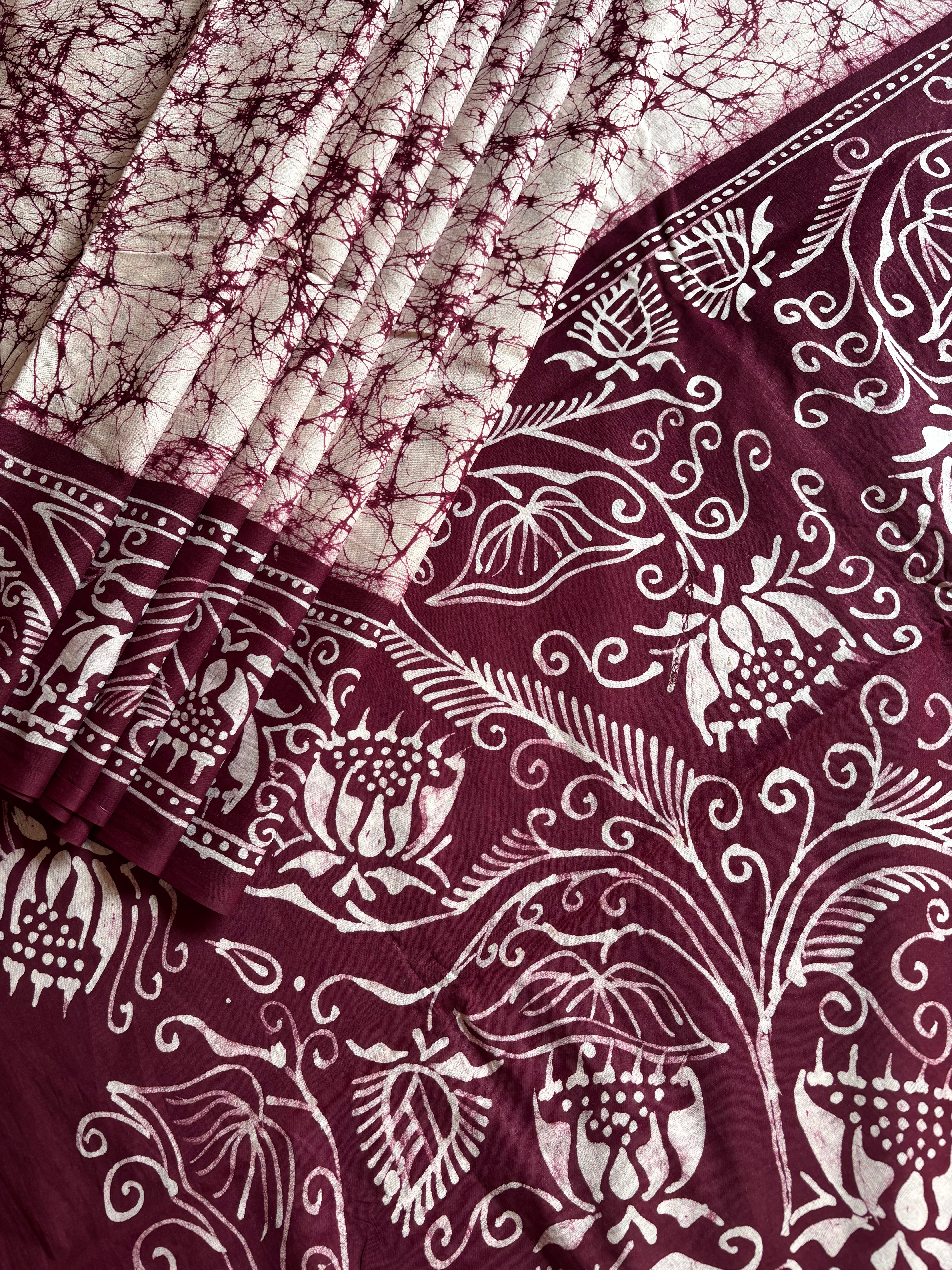 Handmade White Colour Pure Cotton Batik Saree