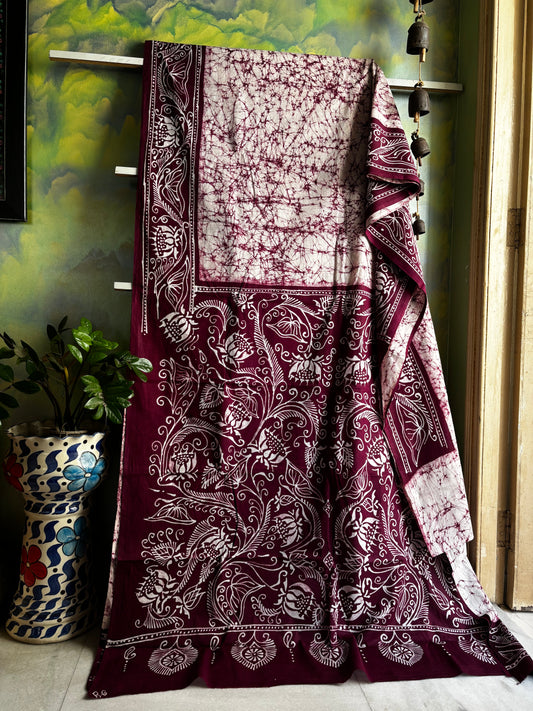 Handmade White Colour Pure Cotton Batik Saree