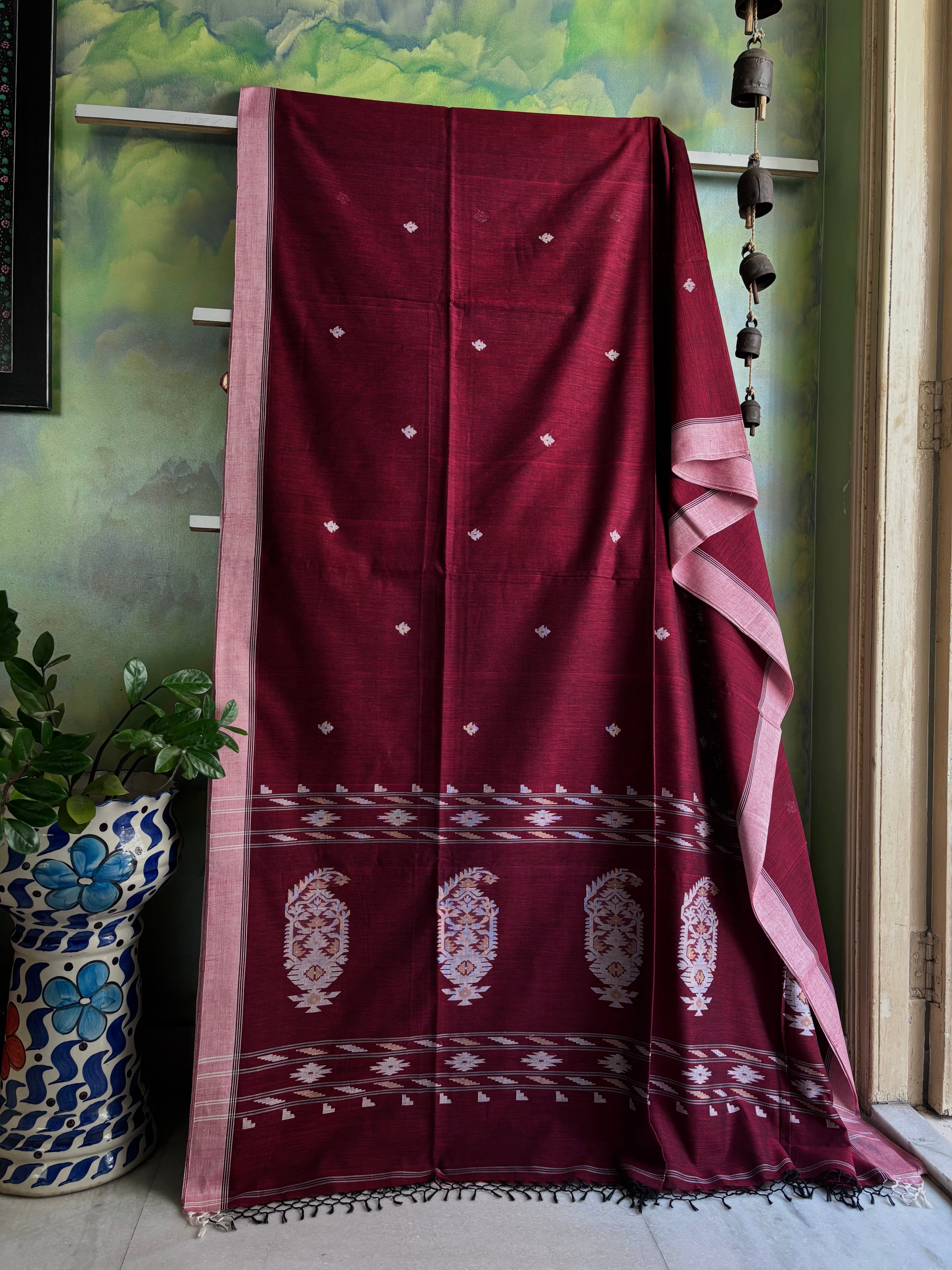 Handwoven Dark Maroon Cotton Jamdani
