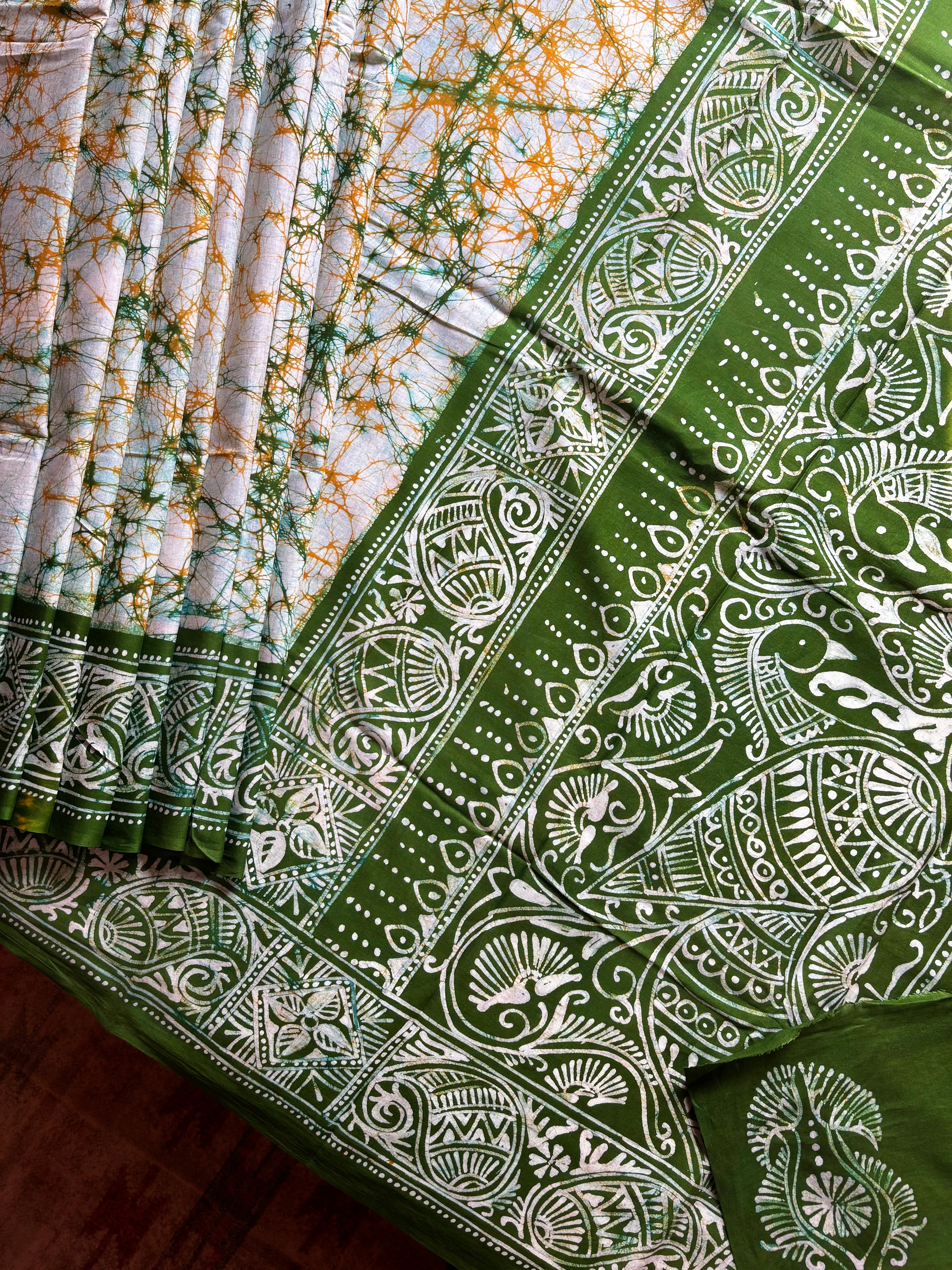Handmade White Green Pure Cotton Batik Saree