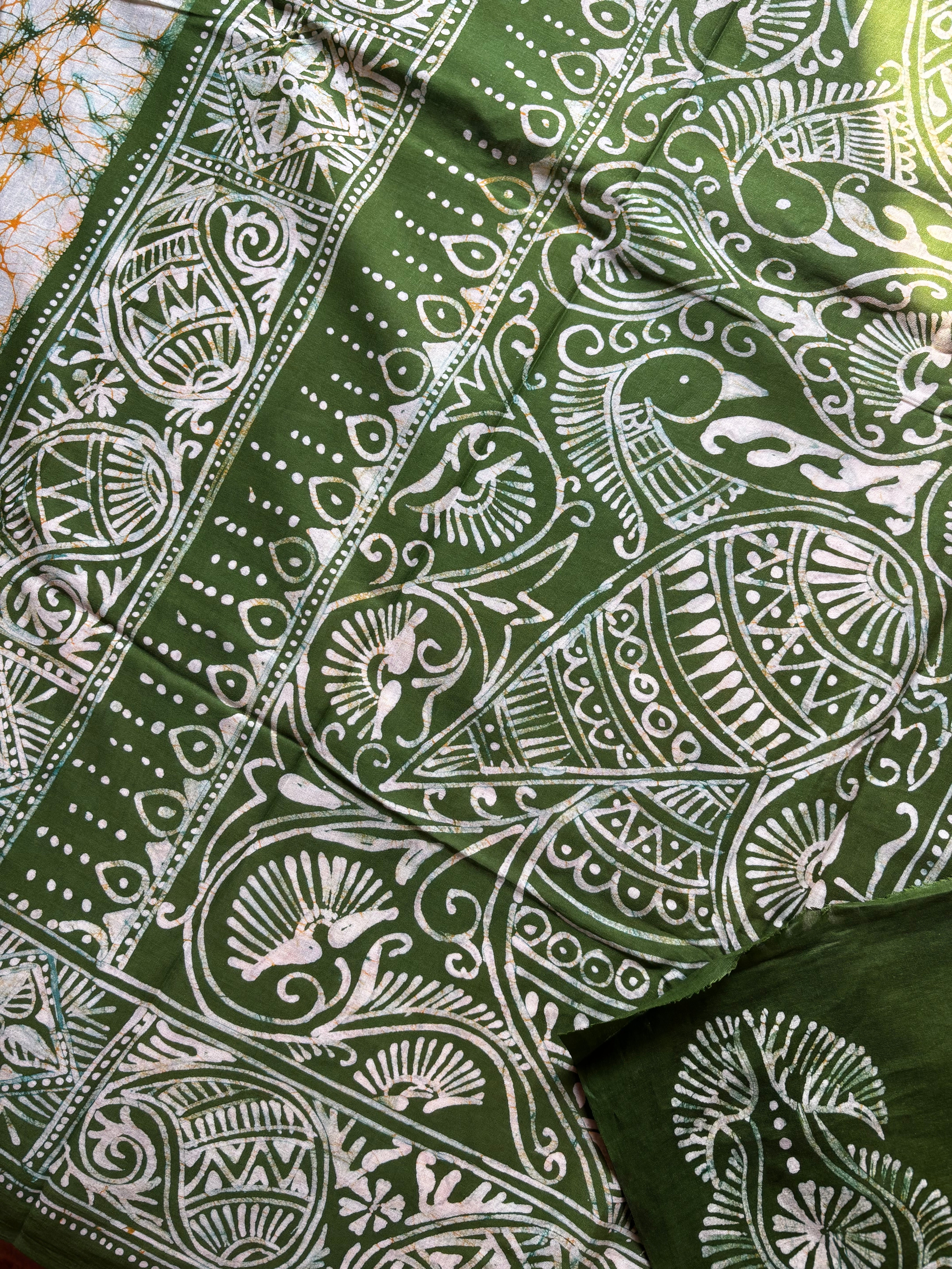 Handmade White Green Pure Cotton Batik Saree