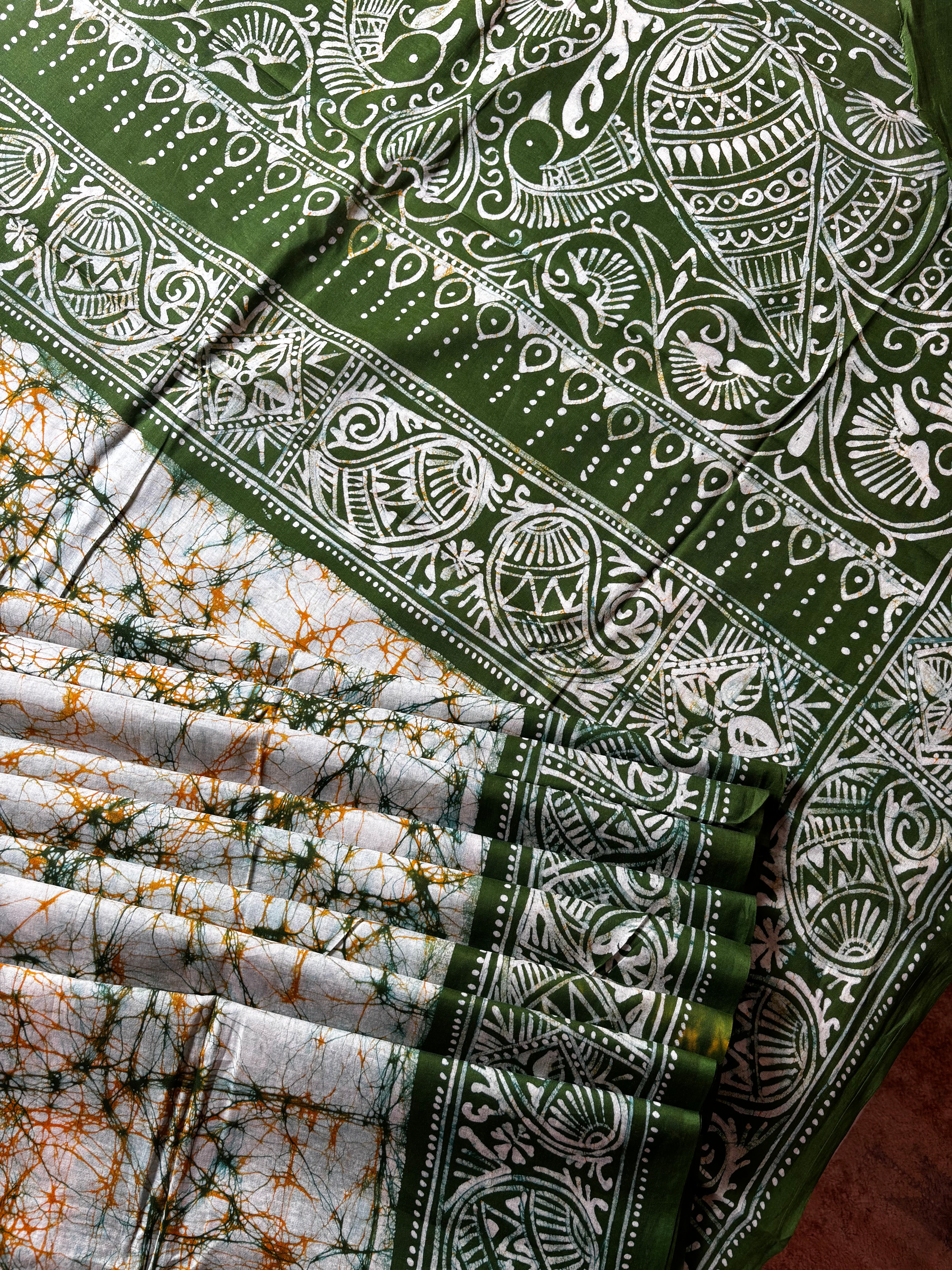 Handmade White Green Pure Cotton Batik Saree
