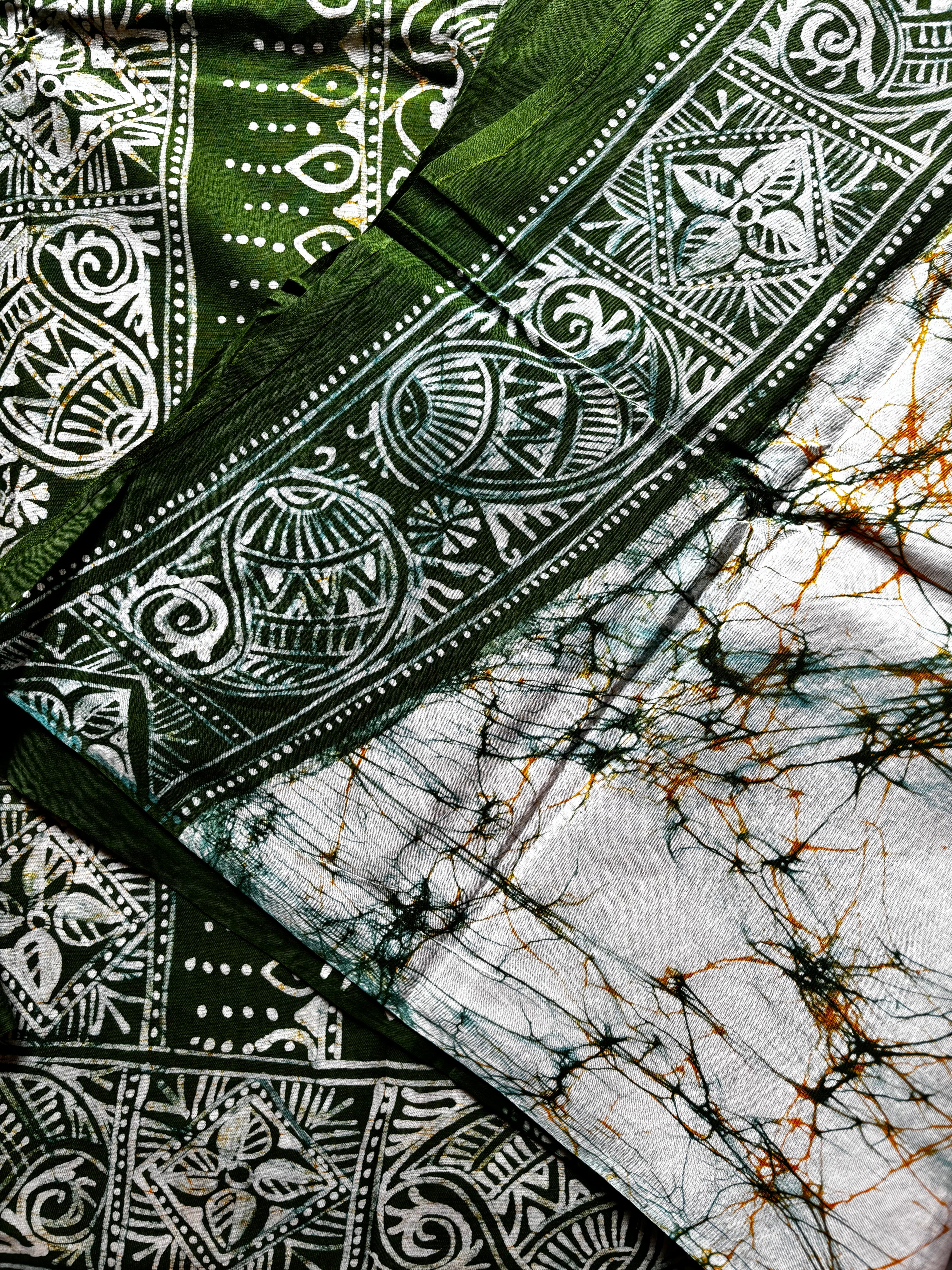 Handmade White Green Pure Cotton Batik Saree