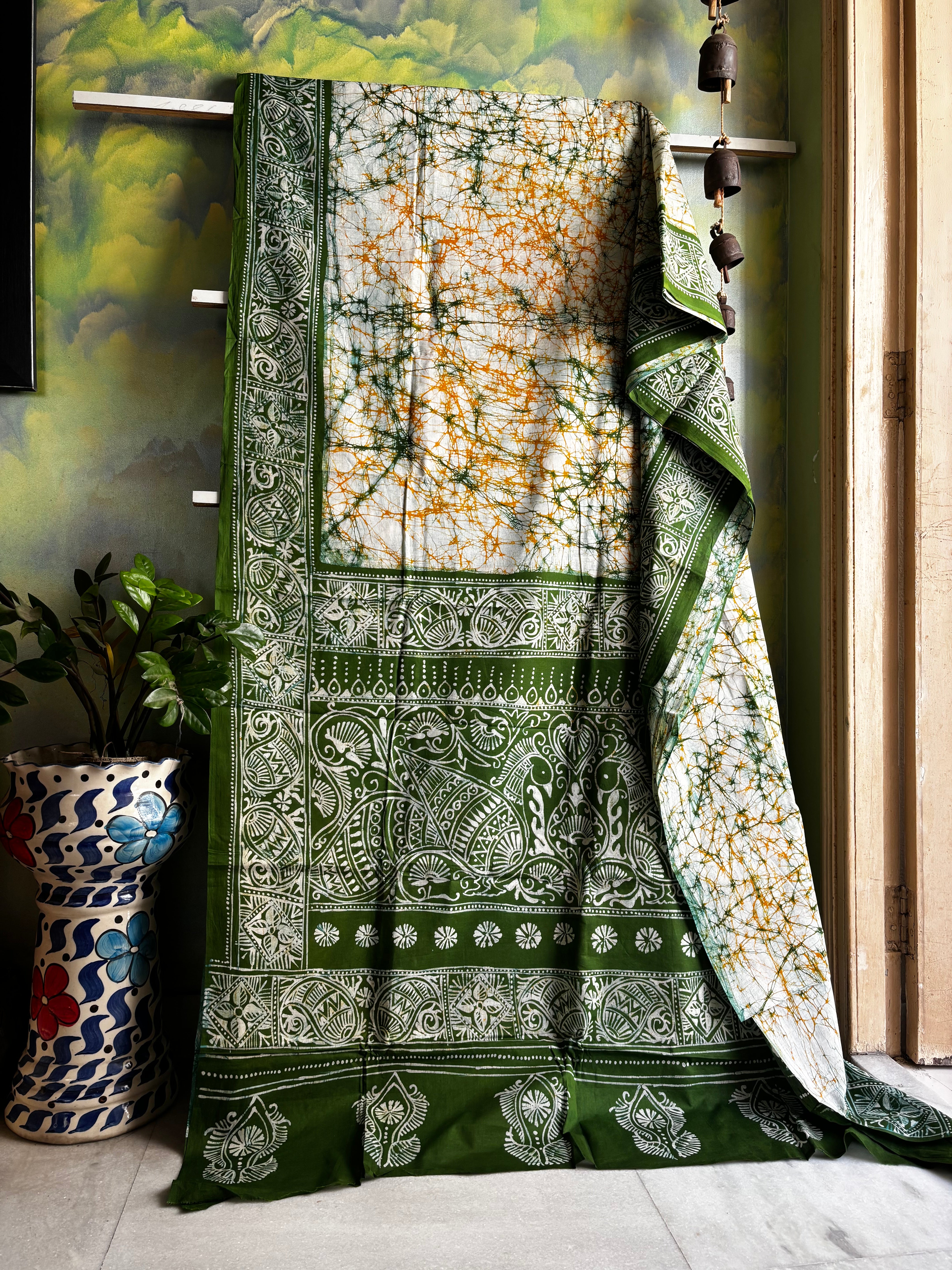 Handmade White Green Pure Cotton Batik Saree