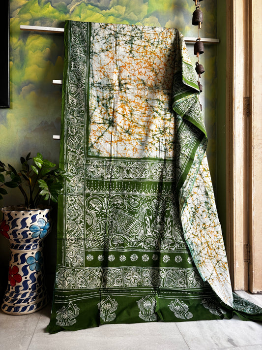 Handmade White Green Pure Cotton Batik Saree