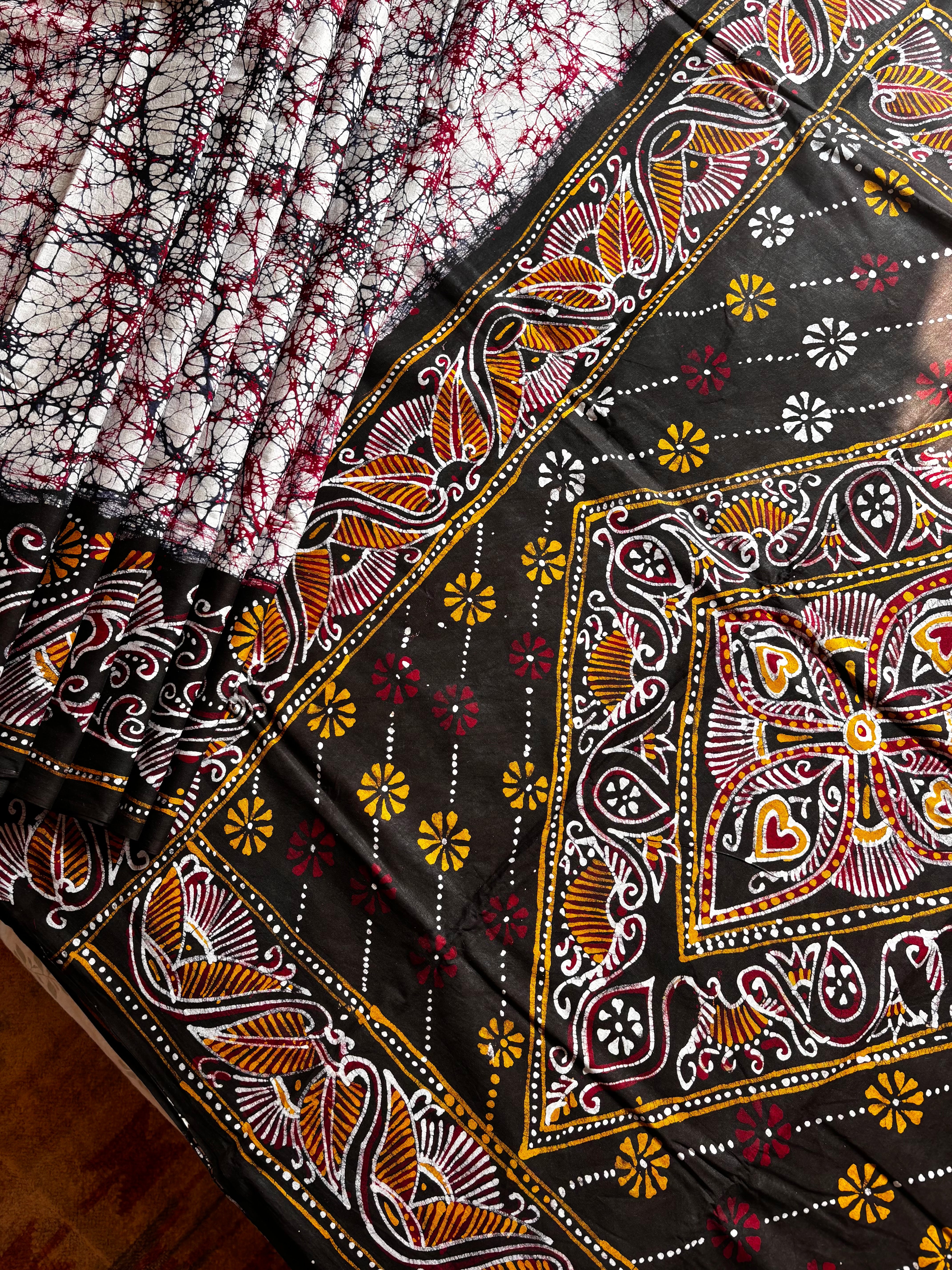 Handmade White Black Pure Cotton Batik Saree
