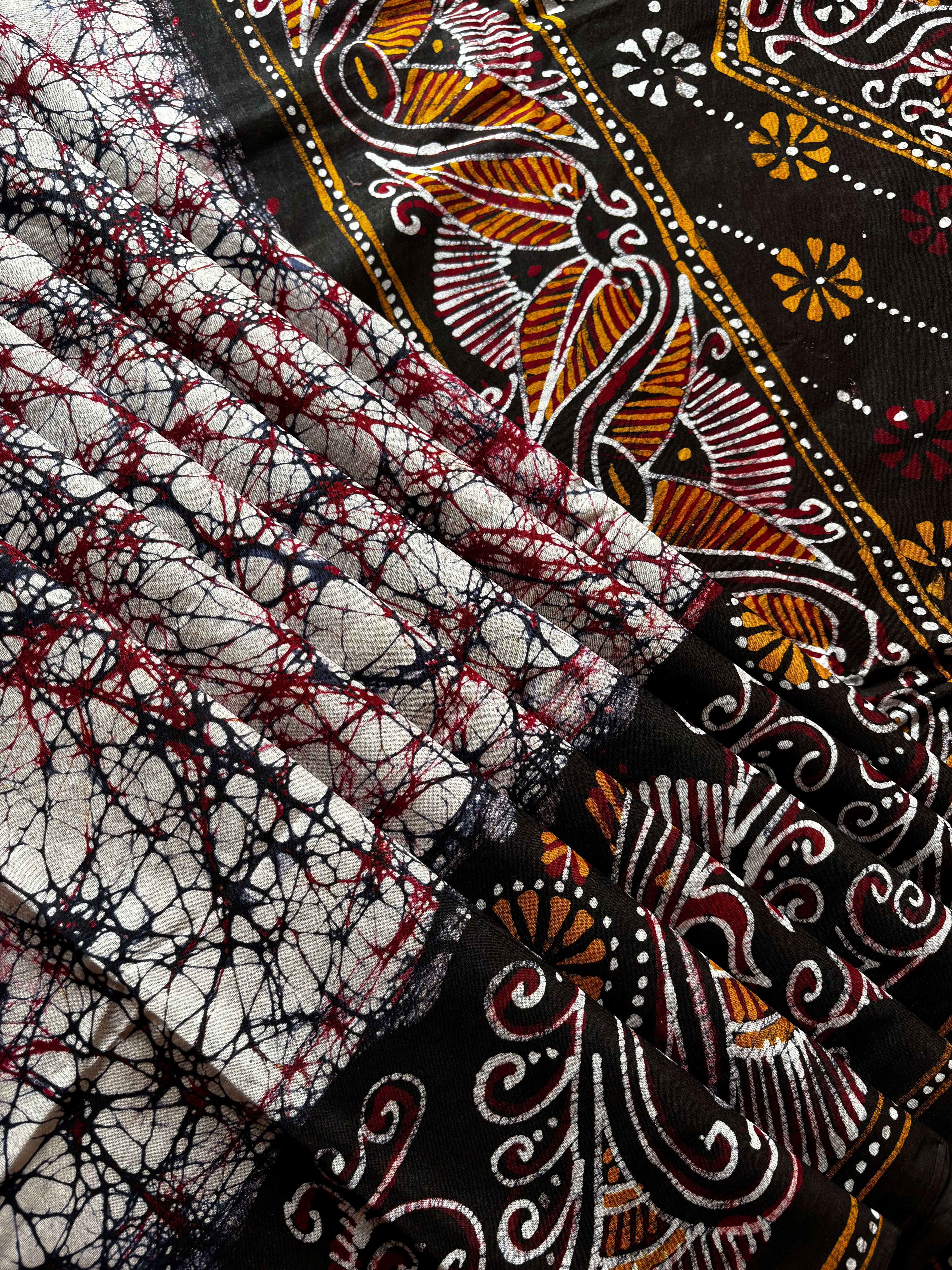 Handmade White Black Pure Cotton Batik Saree