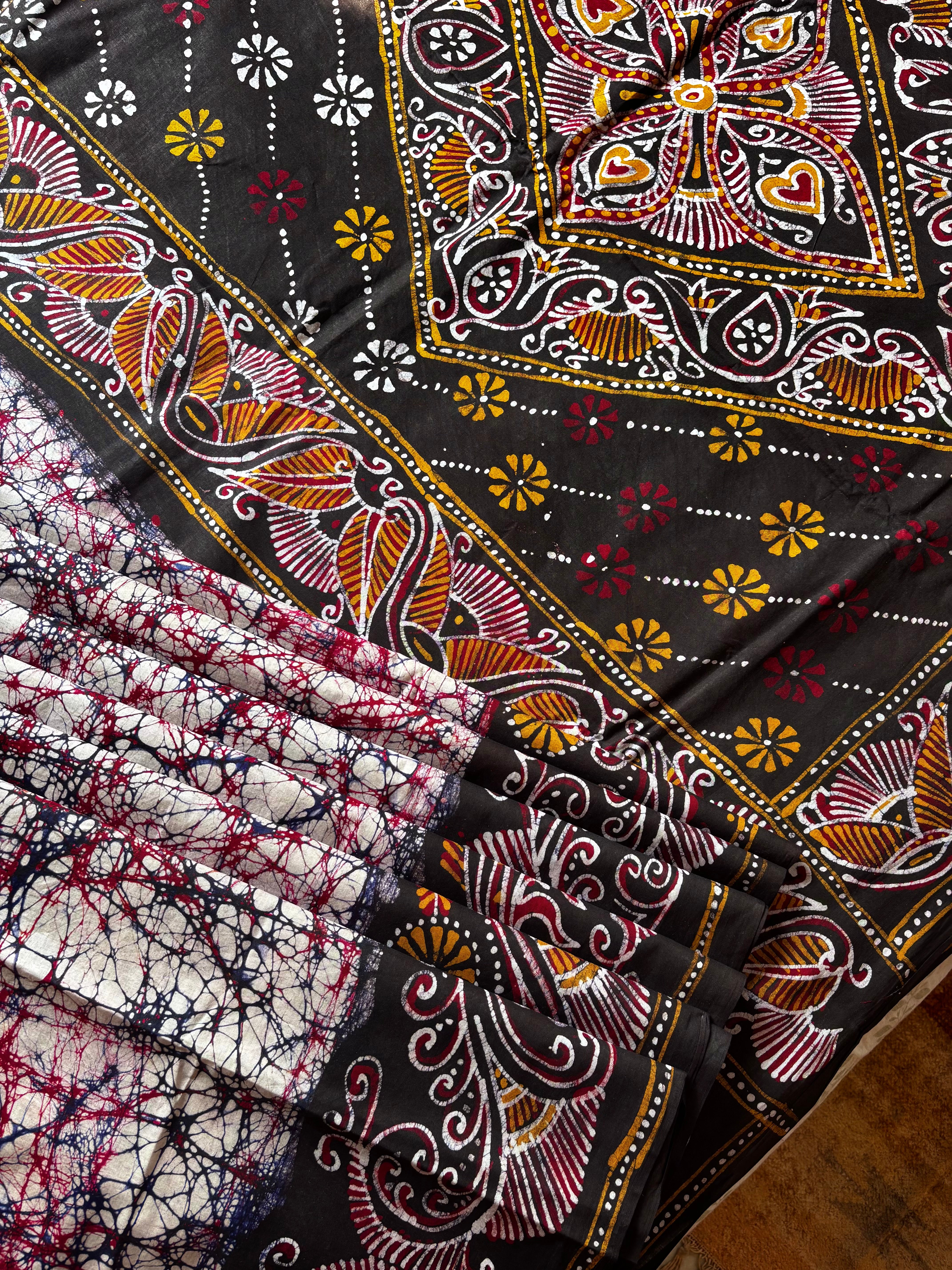 Handmade White Black Pure Cotton Batik Saree