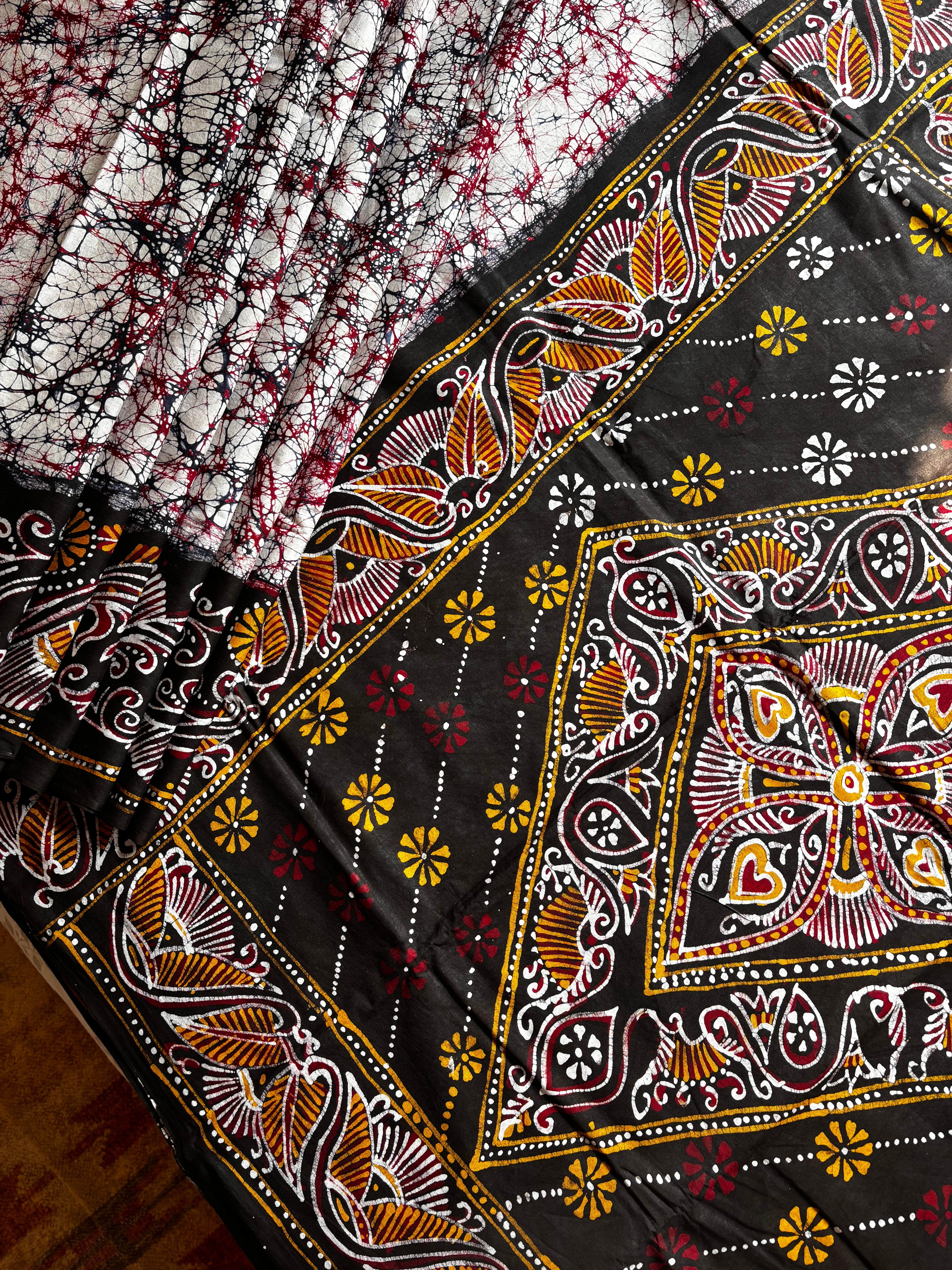Handmade White Black Pure Cotton Batik Saree