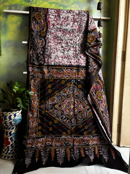 Handmade White Black Pure Cotton Batik Saree