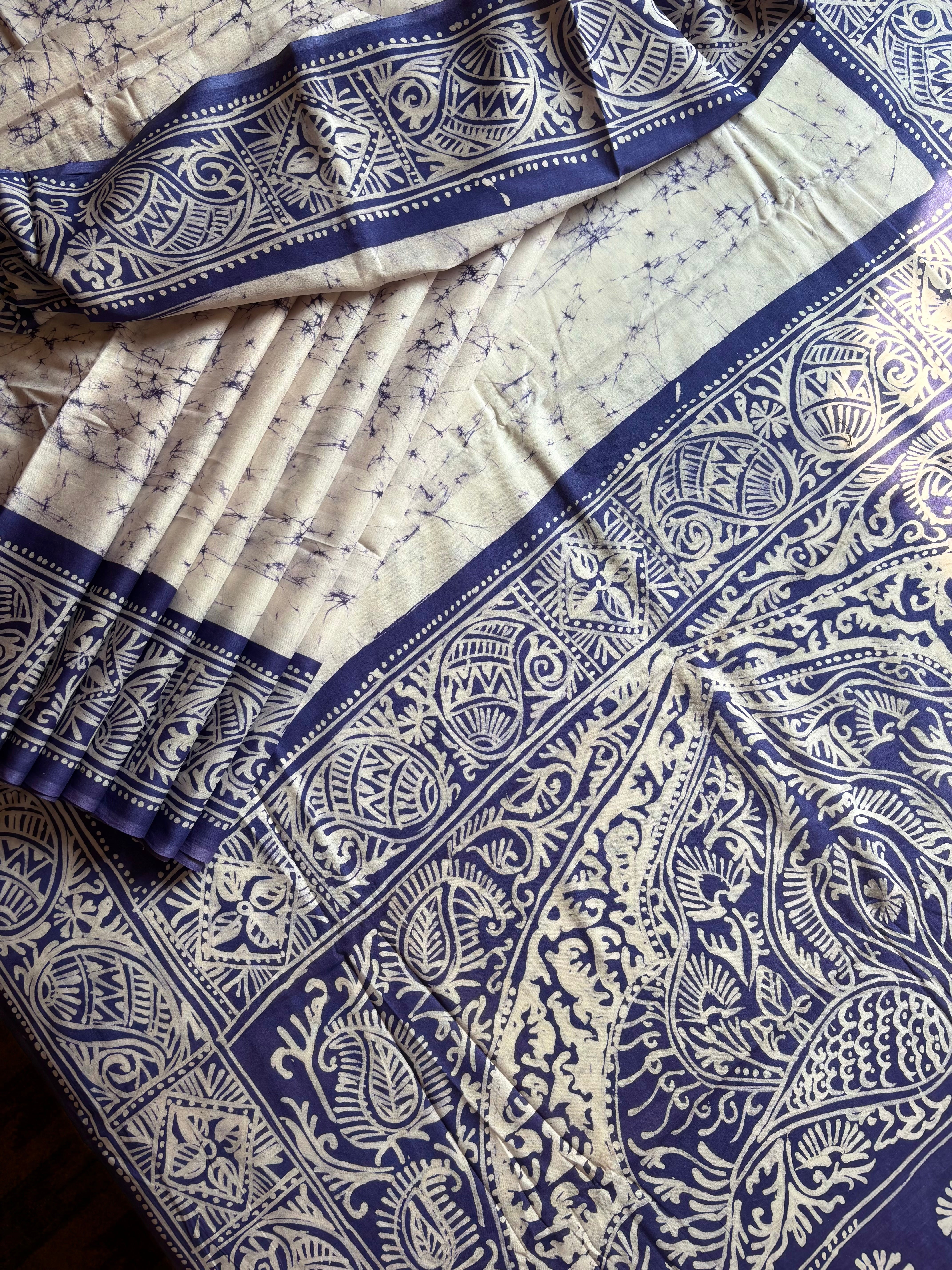 Handmade White Blue Pure Cotton Batik Saree
