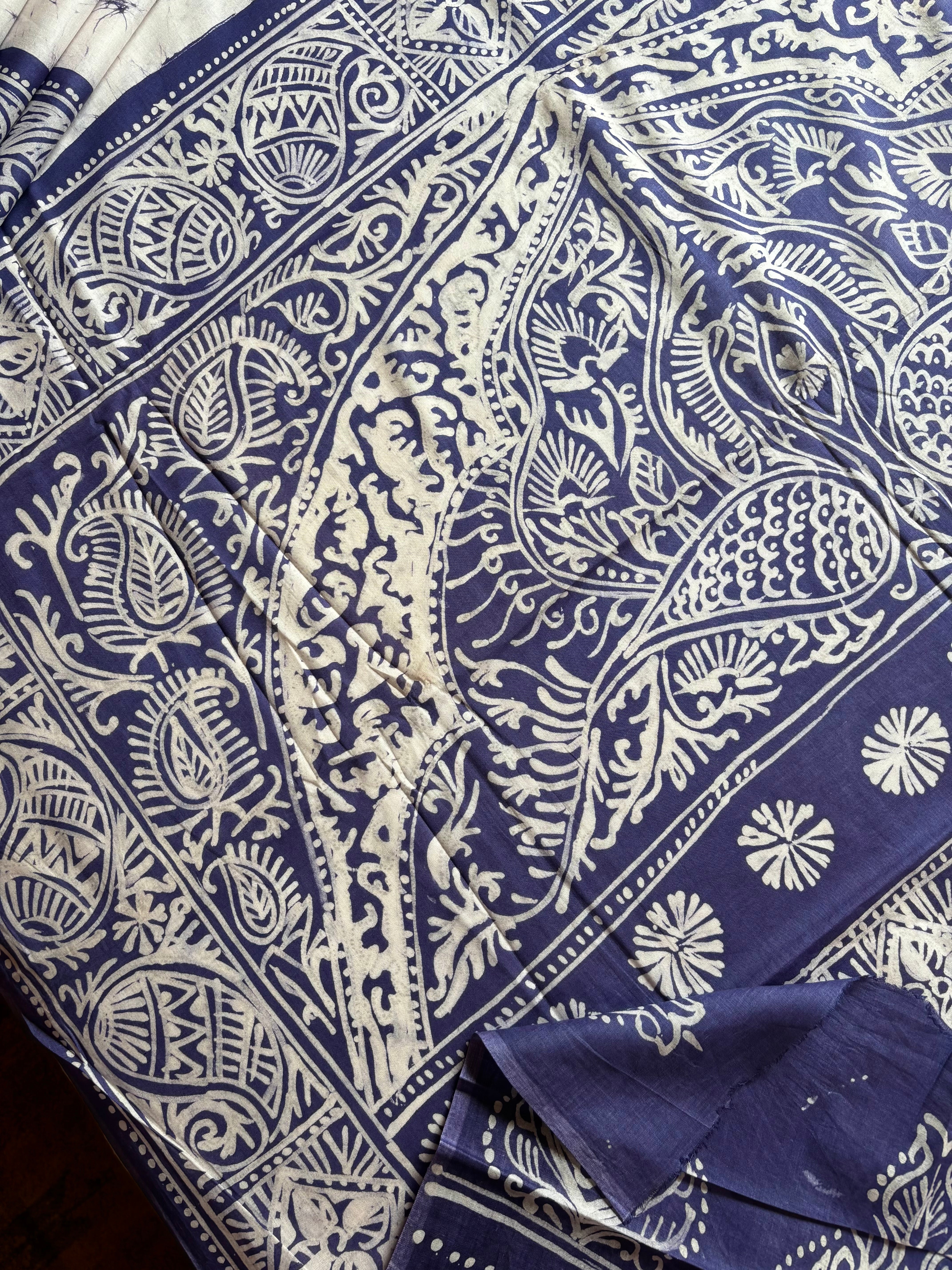 Handmade White Blue Pure Cotton Batik Saree