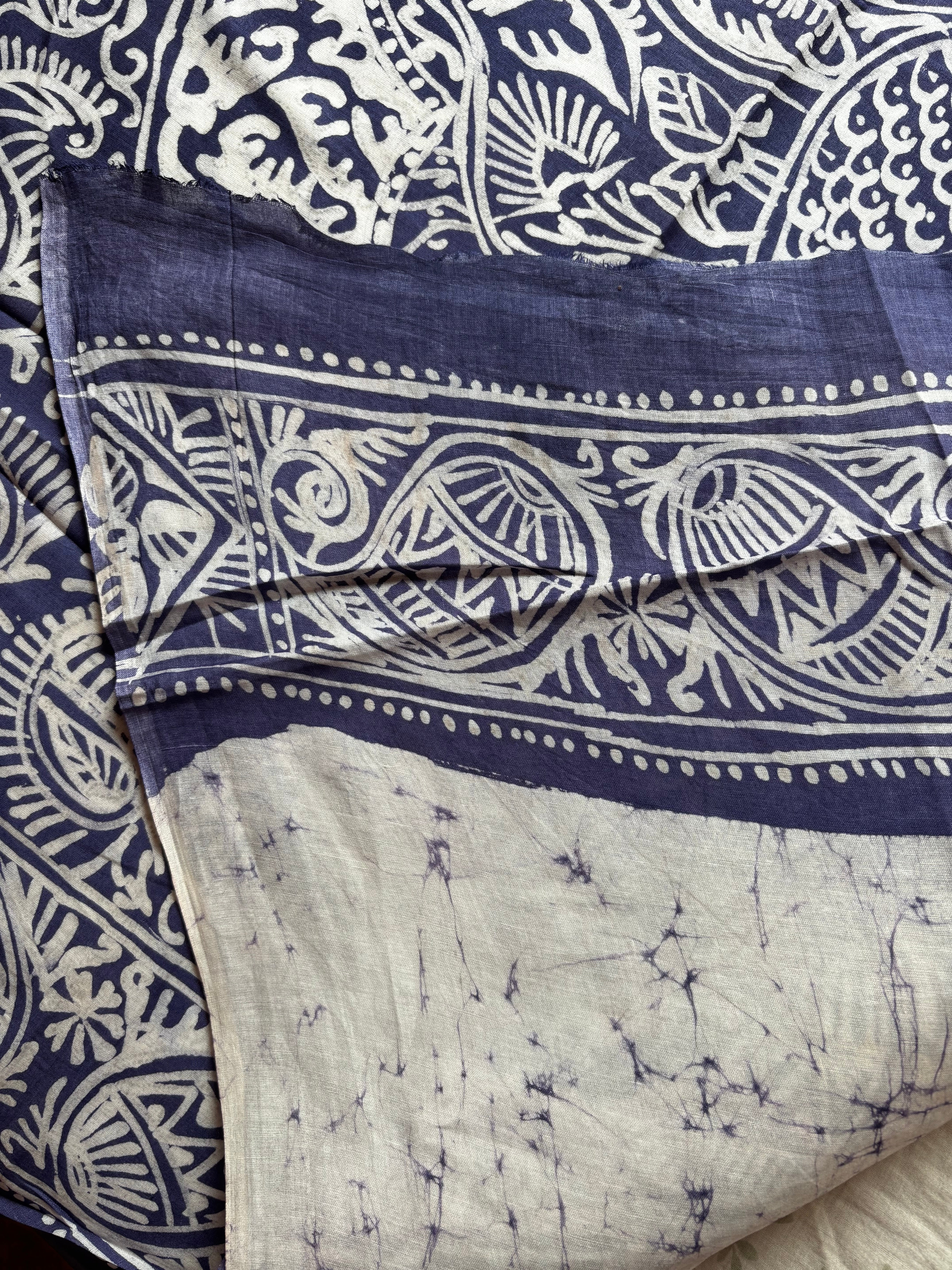 Handmade White Blue Pure Cotton Batik Saree