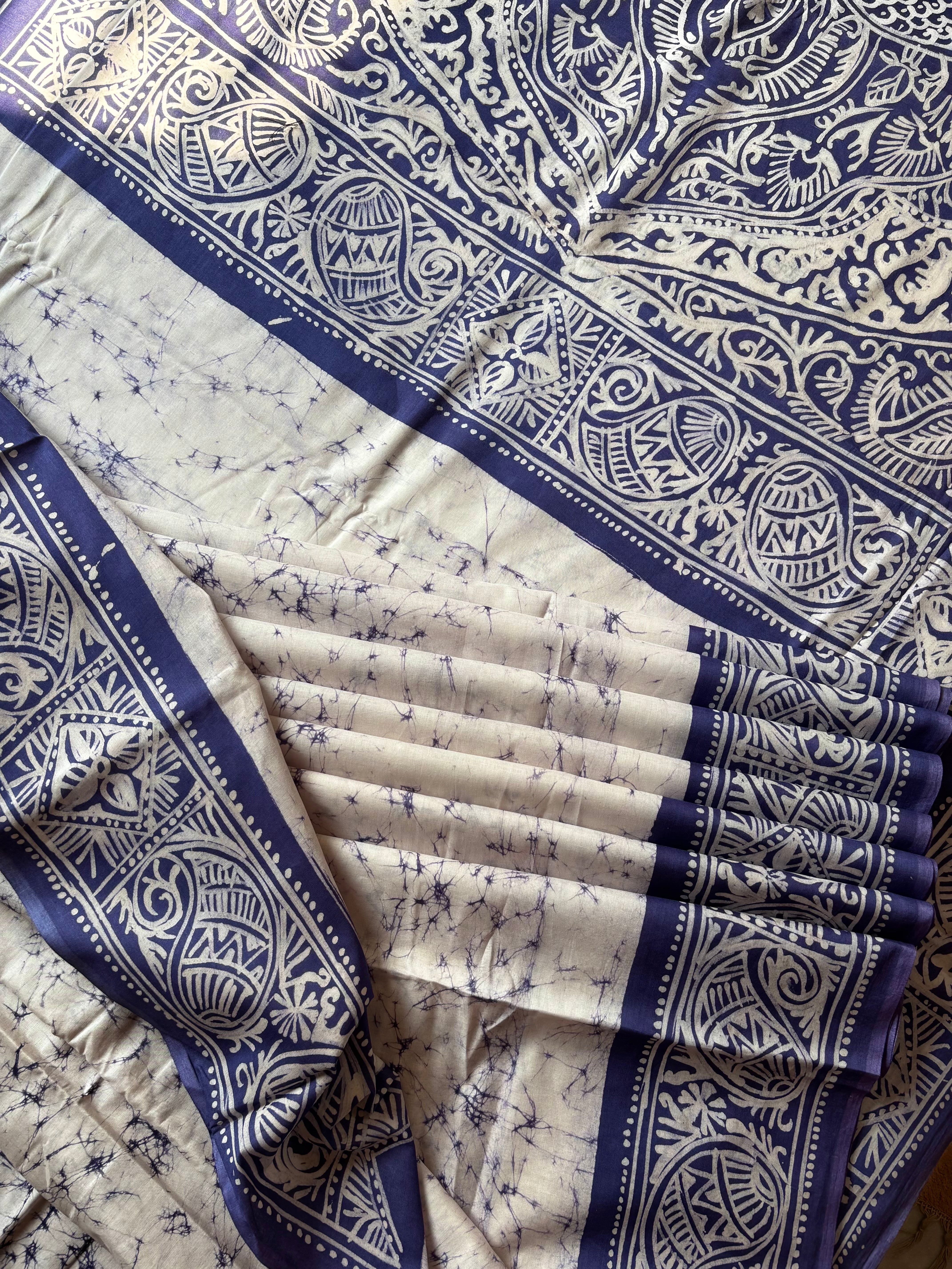 Handmade White Blue Pure Cotton Batik Saree