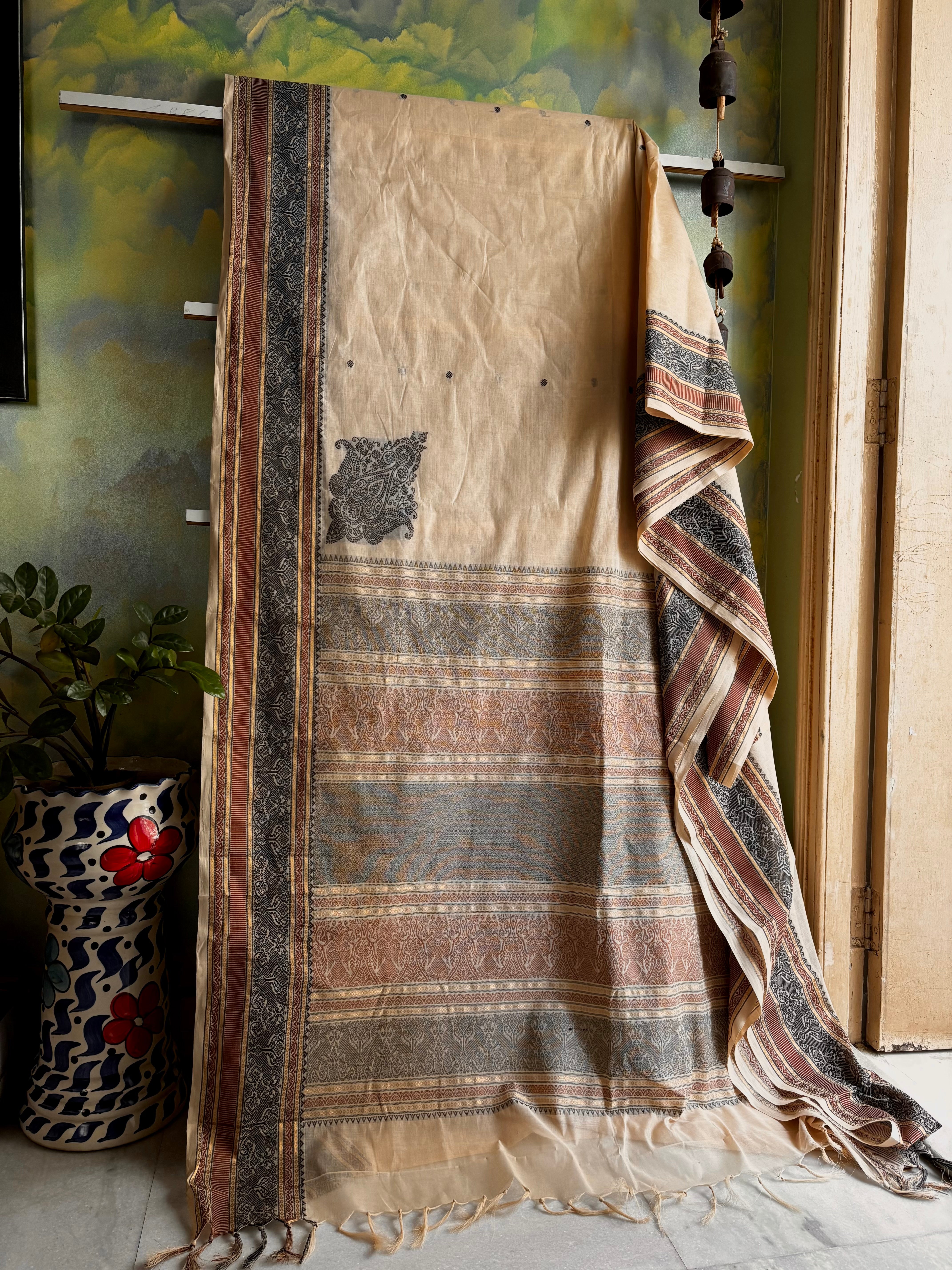 Handwoven Chandan Colour Cotton Kanchipuram Saree