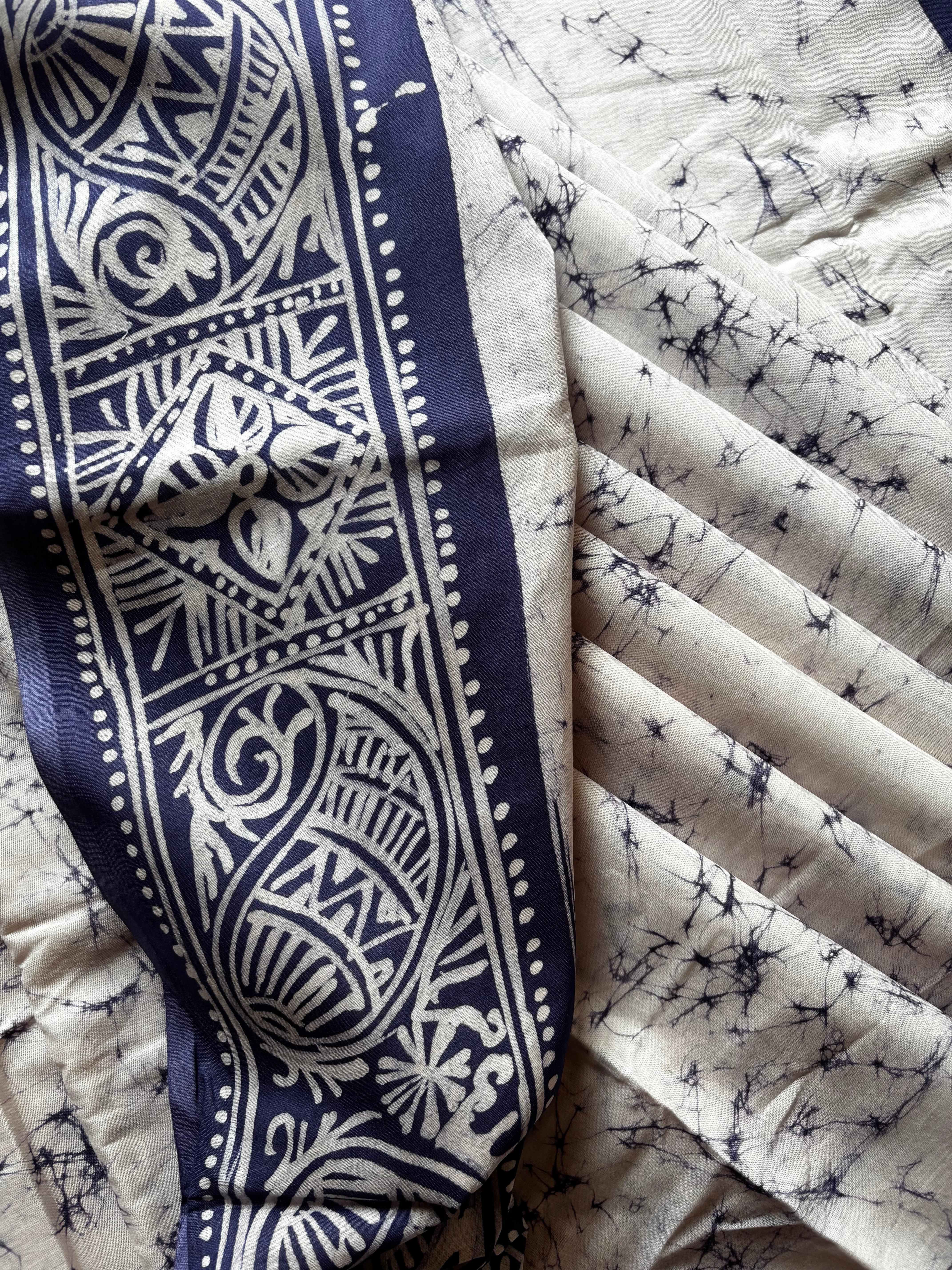 Handmade White Blue Pure Cotton Batik Saree