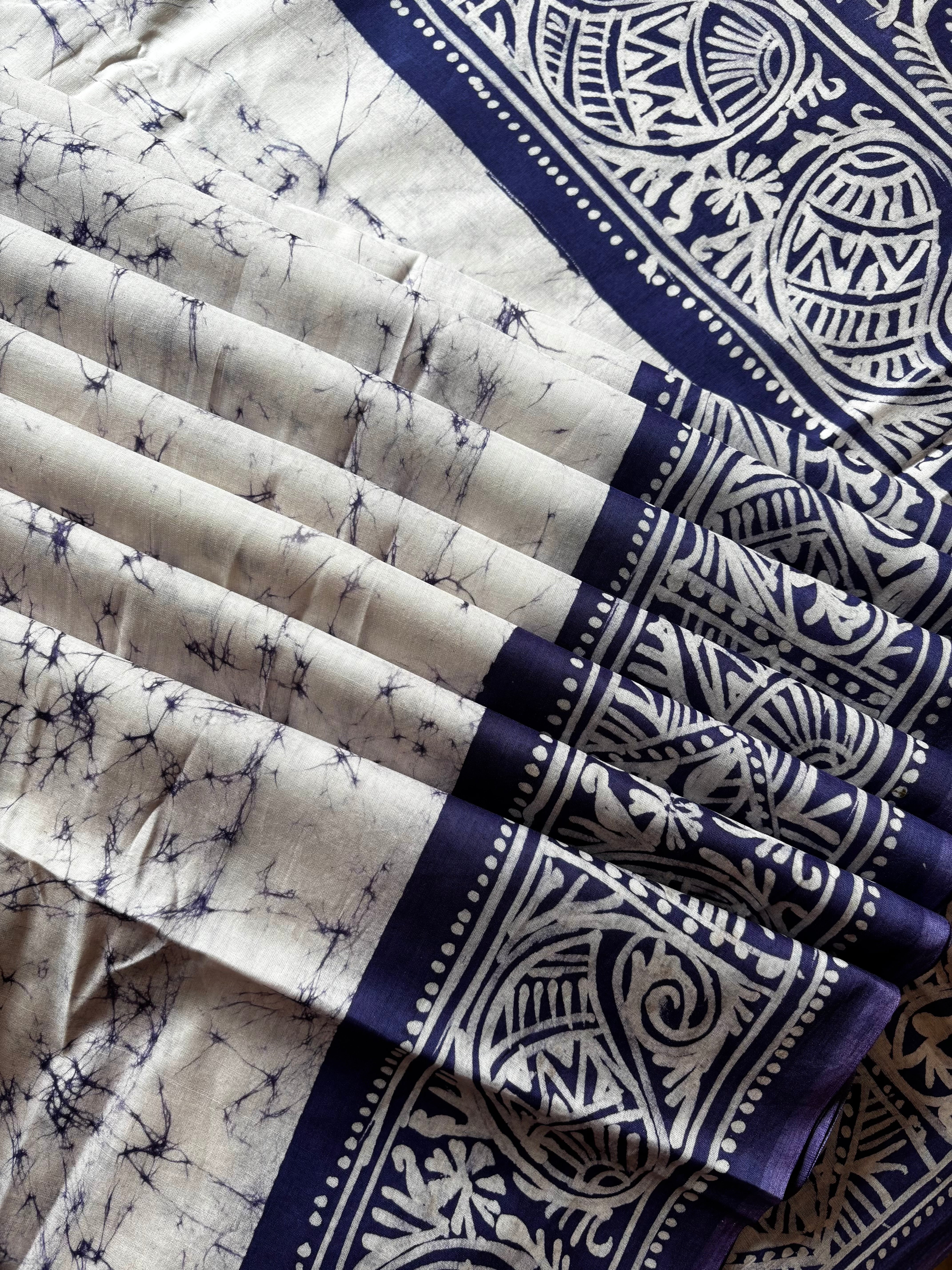 Handmade White Blue Pure Cotton Batik Saree