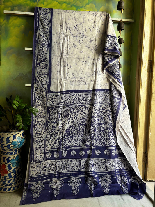 Handmade White Blue Pure Cotton Batik Saree