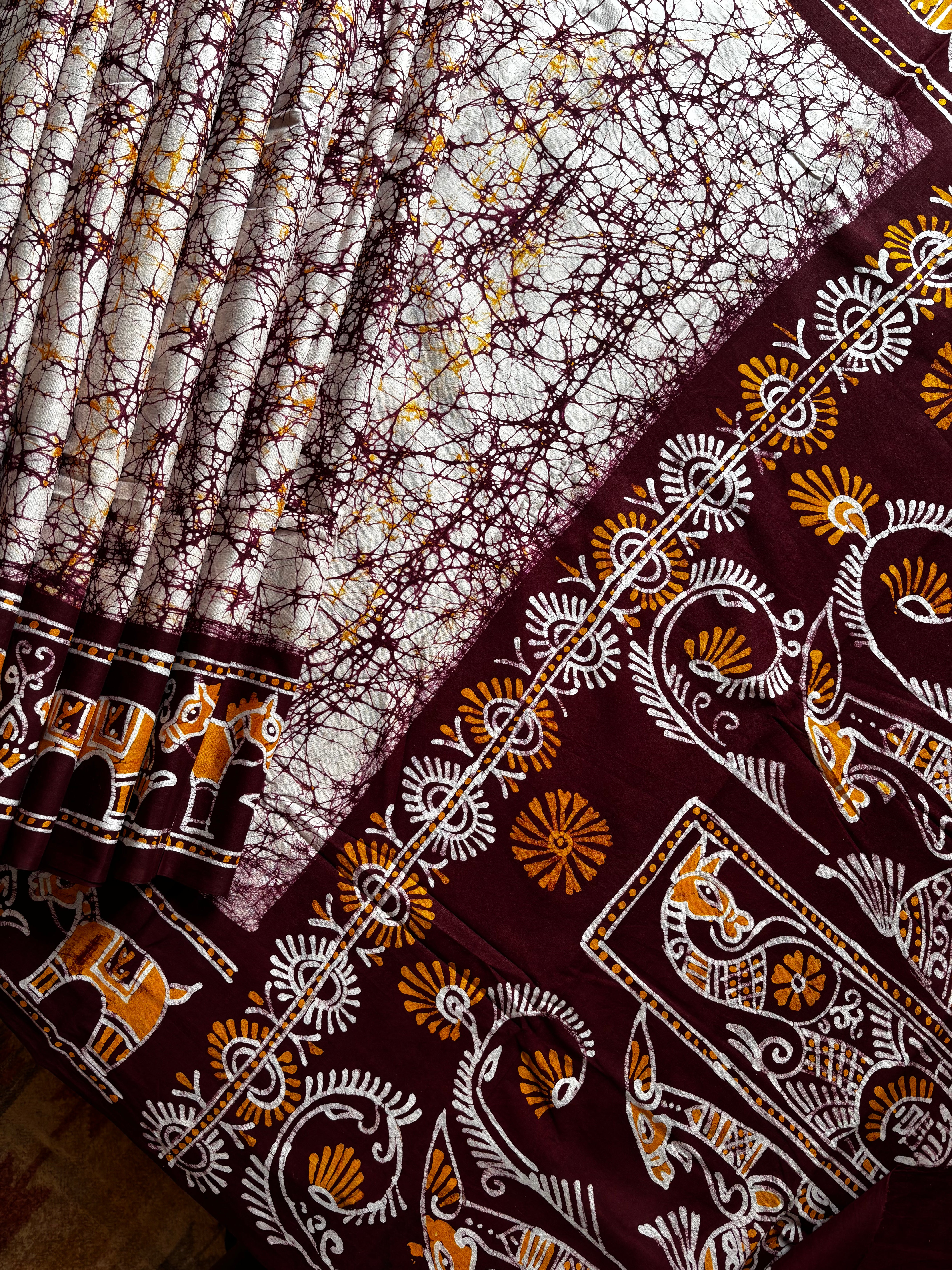 Handmade White Brownish Maroon Pure Cotton Batik Saree