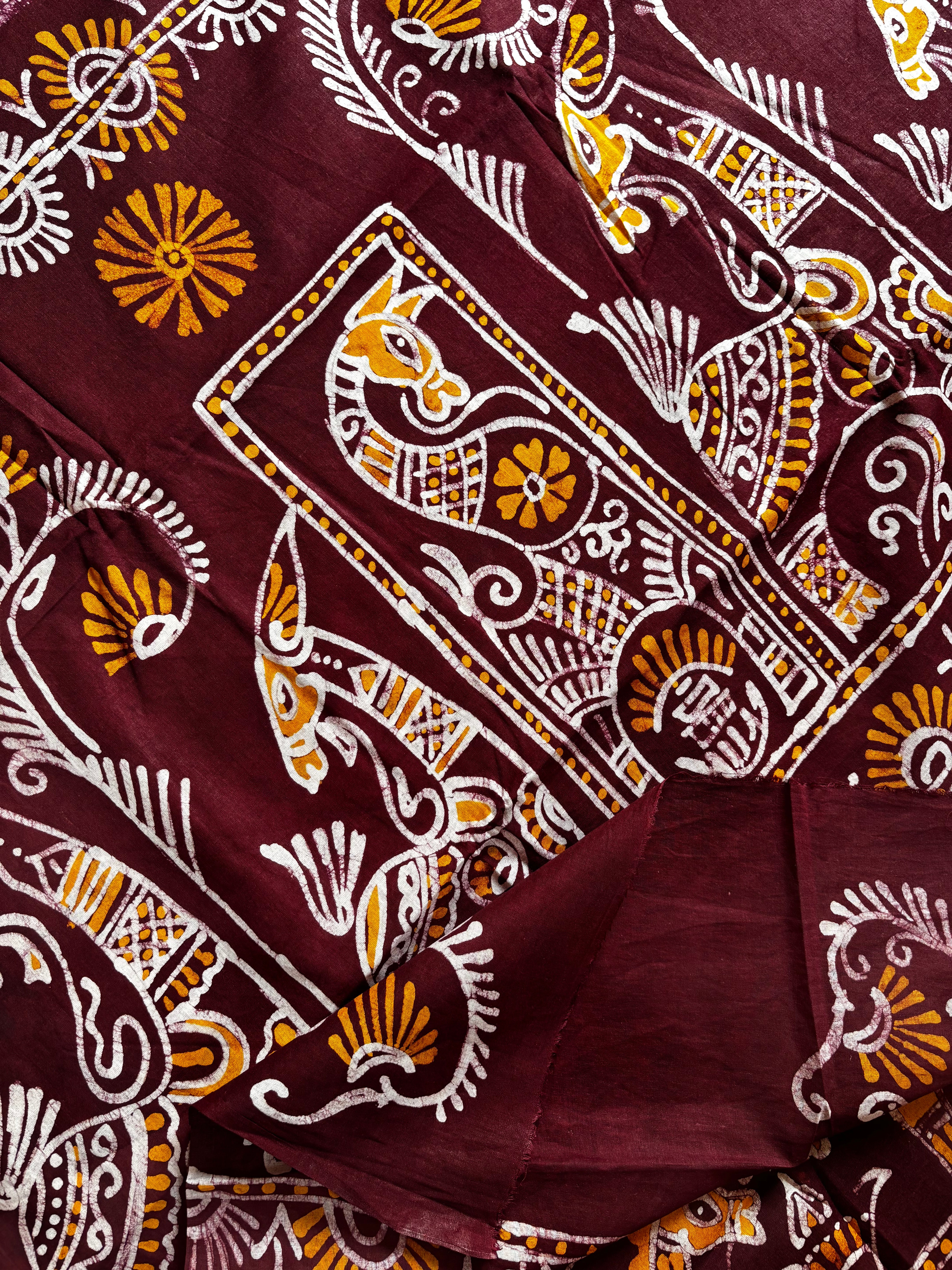 Handmade White Brownish Maroon Pure Cotton Batik Saree