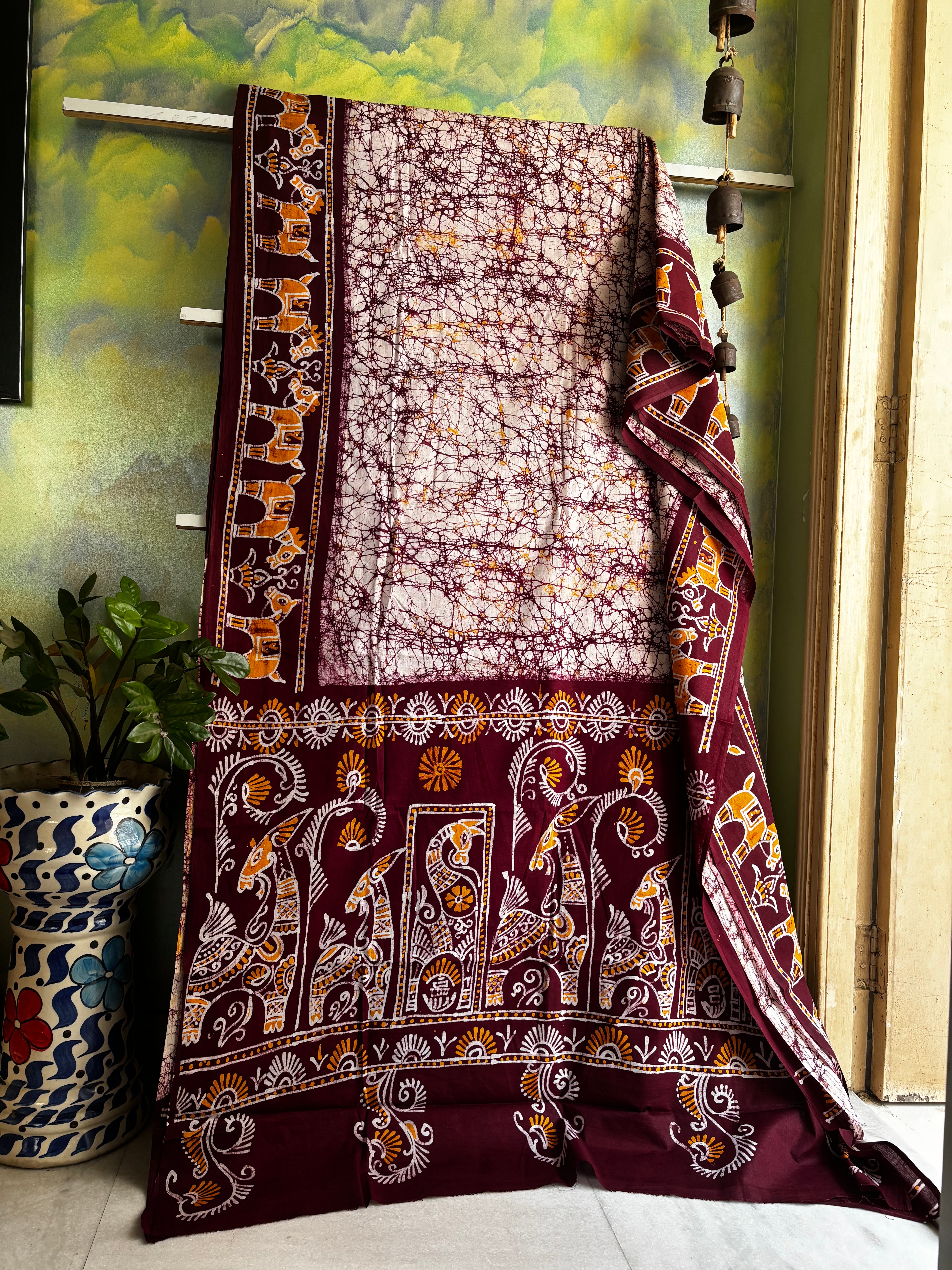 Handmade White Brownish Maroon Pure Cotton Batik Saree