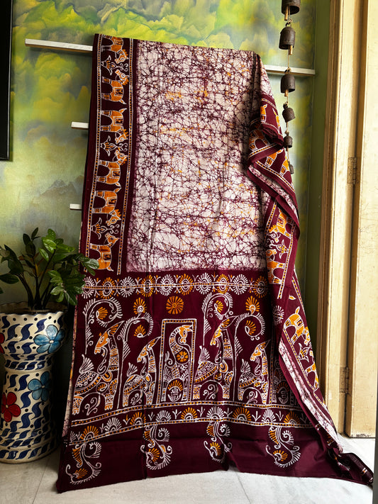 Handmade White Brownish Maroon Pure Cotton Batik Saree