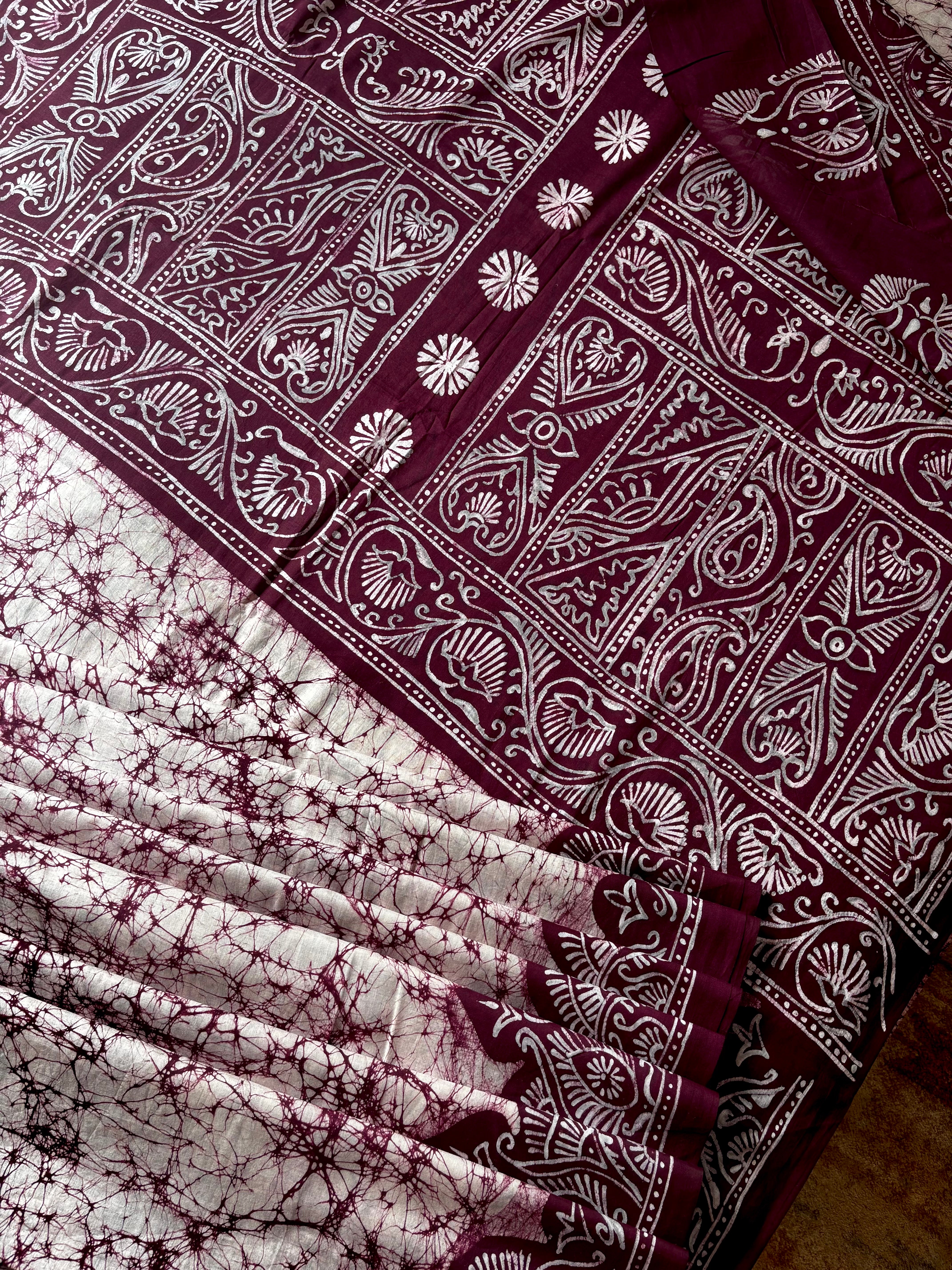 Handmade White Colour Pure Cotton Batik Saree
