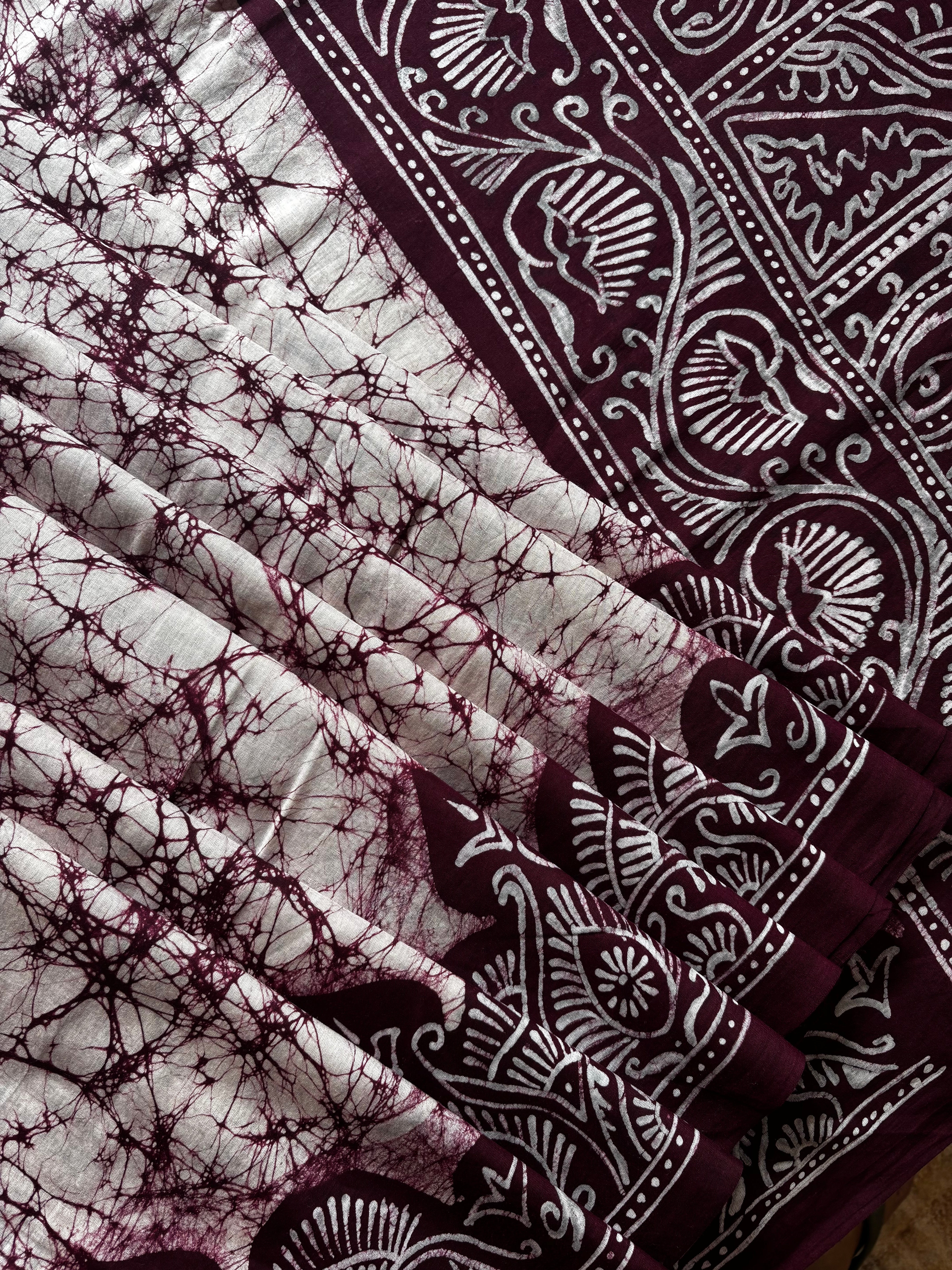 Handmade White Colour Pure Cotton Batik Saree