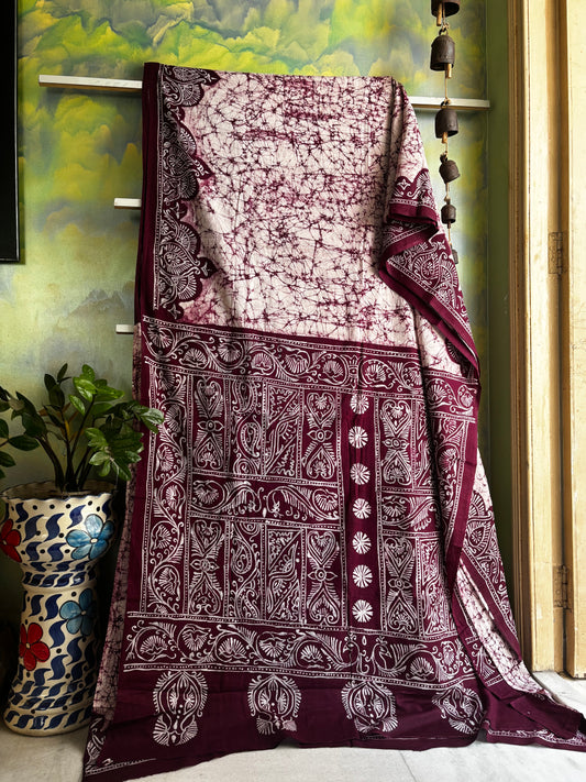 Handmade White Colour Pure Cotton Batik Saree