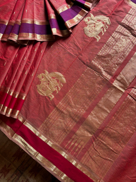 Handwoven Light Pale Red Colour Kanchipuram Cotton Saree