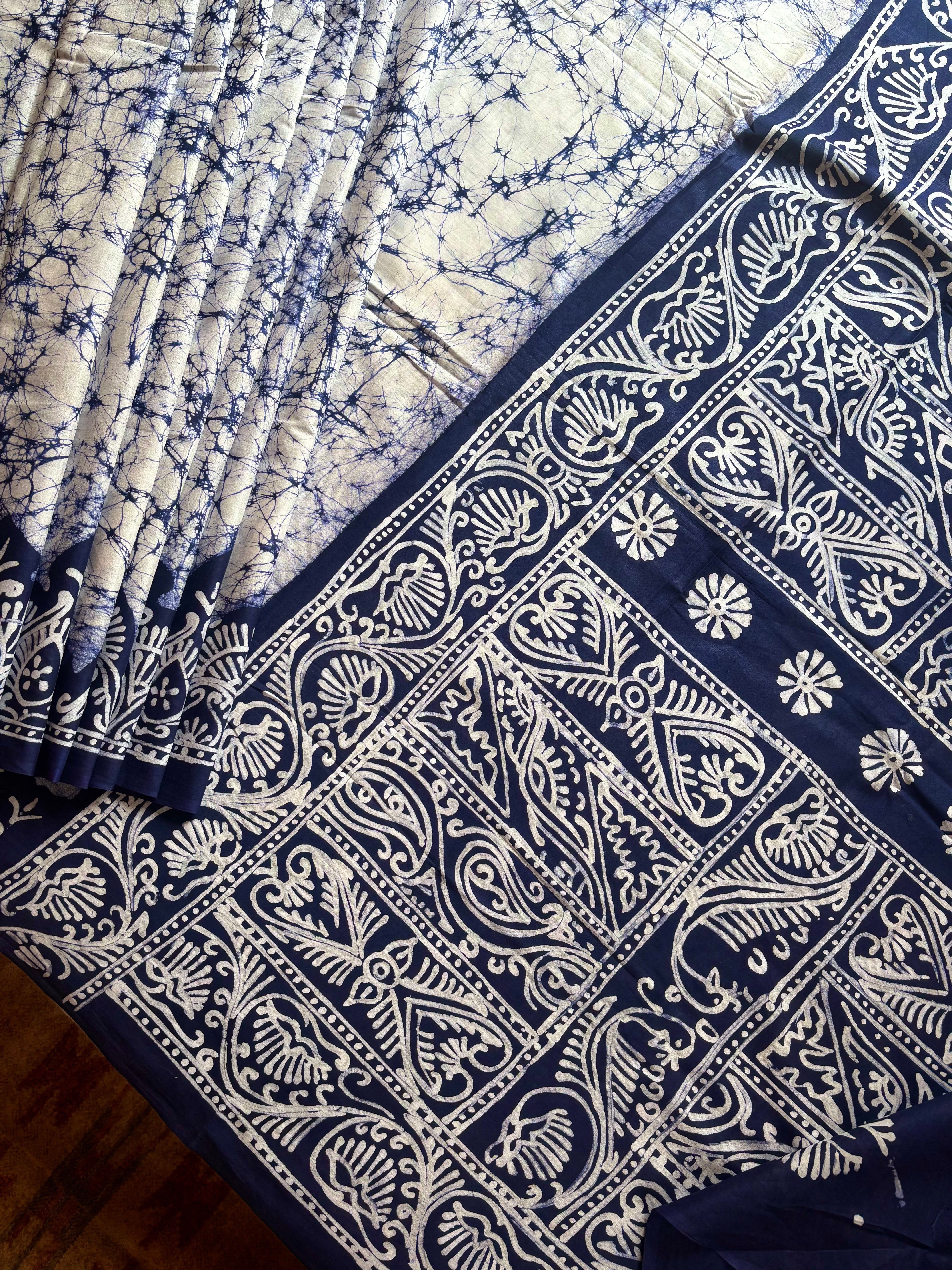 Handmade White Blue Pure Cotton Batik Saree