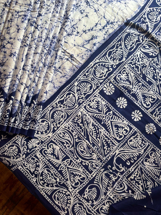 Handmade White Blue Pure Cotton Batik Saree