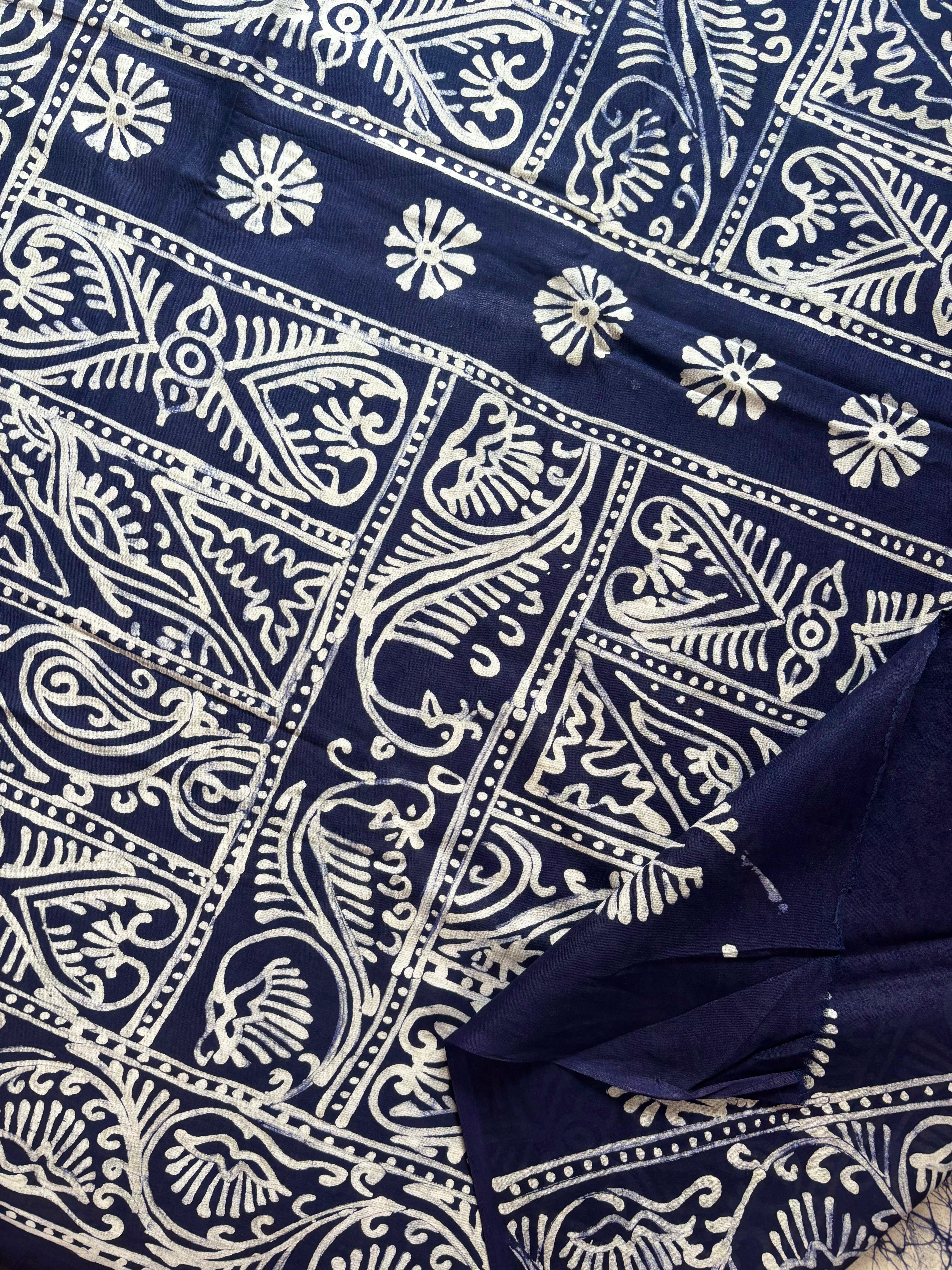 Handmade White Blue Pure Cotton Batik Saree