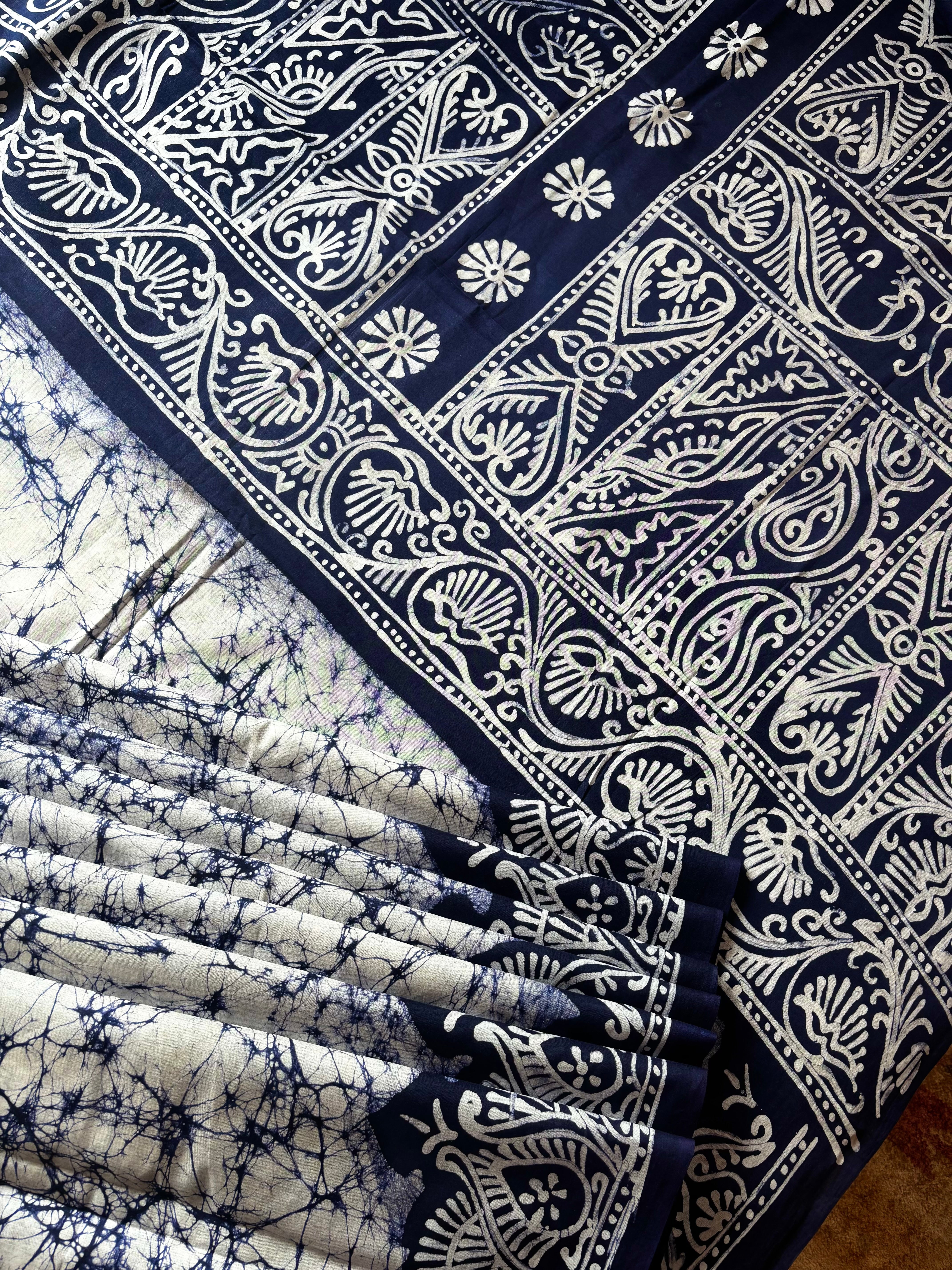 Handmade White Blue Pure Cotton Batik Saree