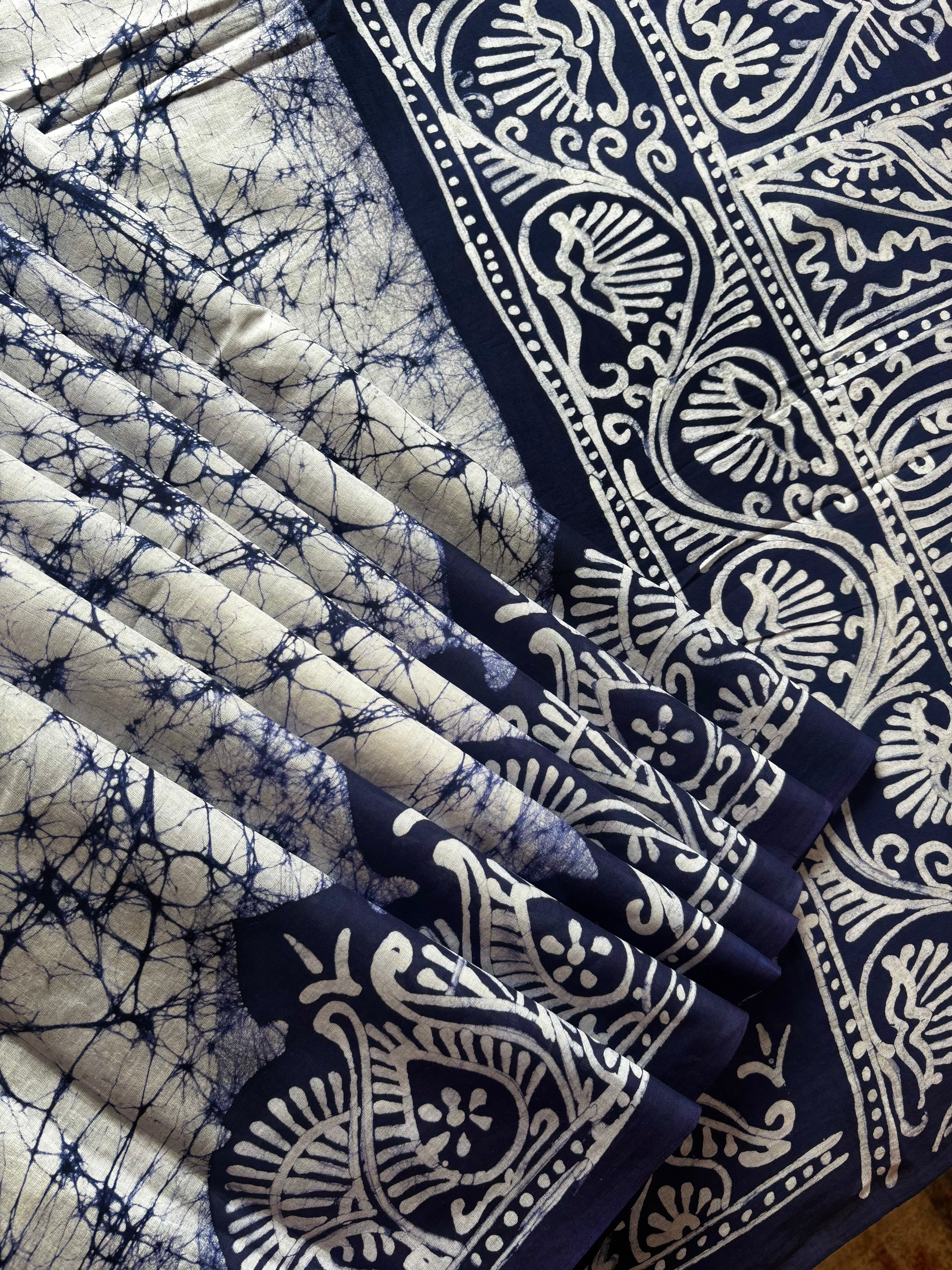 Handmade White Blue Pure Cotton Batik Saree
