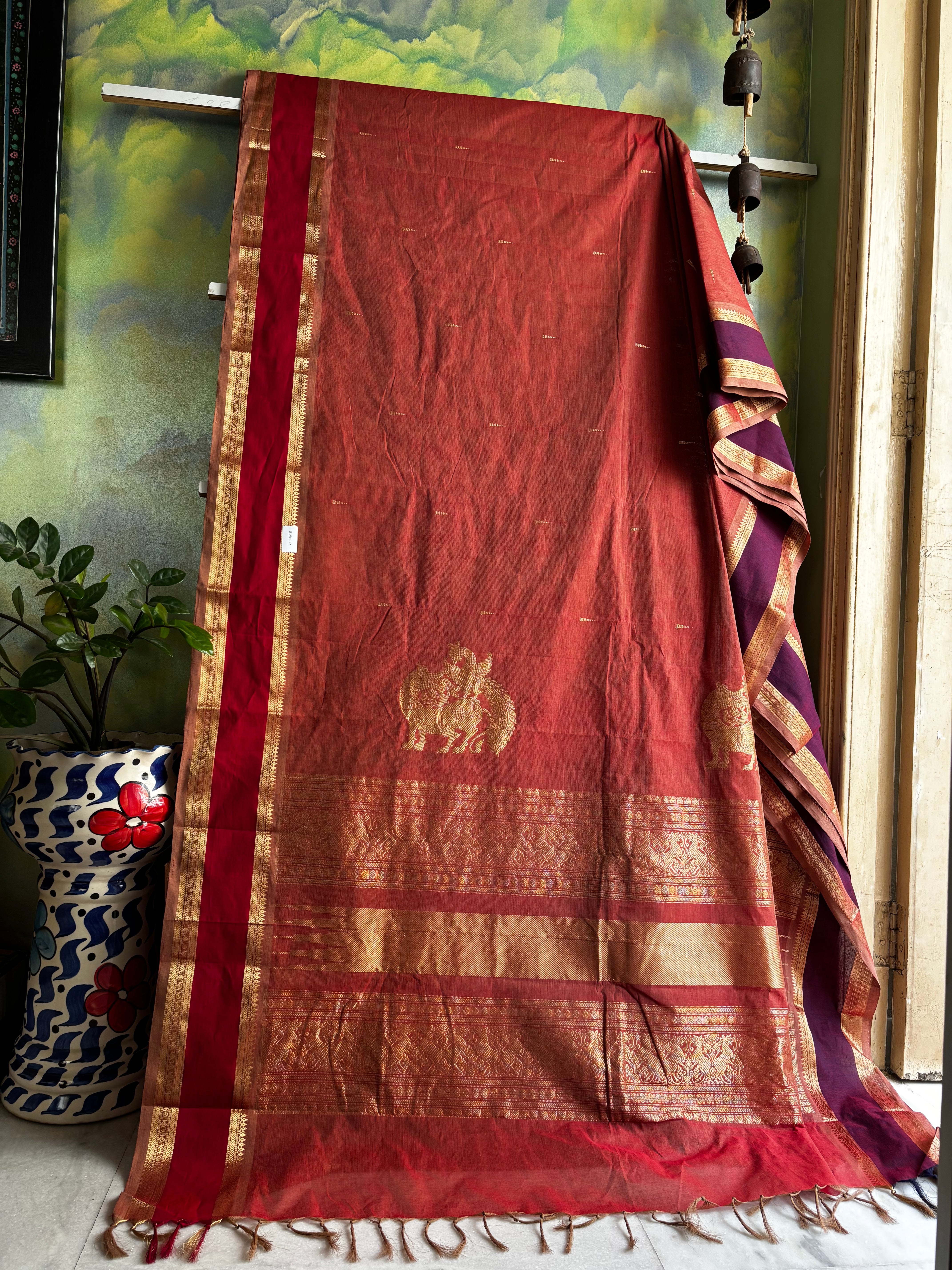 Handwoven Light Pale Red Colour Kanchipuram Cotton Saree