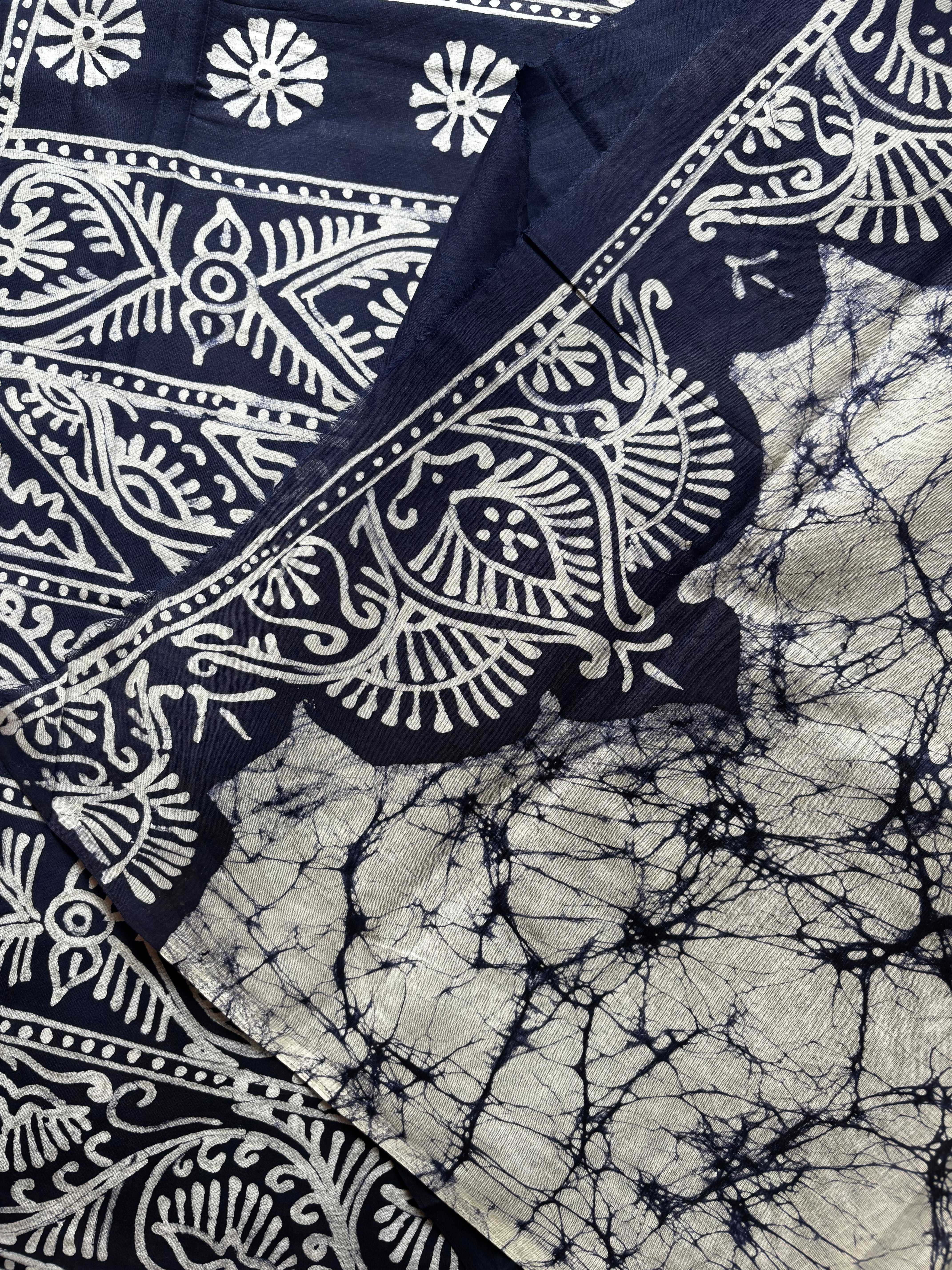 Handmade White Blue Pure Cotton Batik Saree