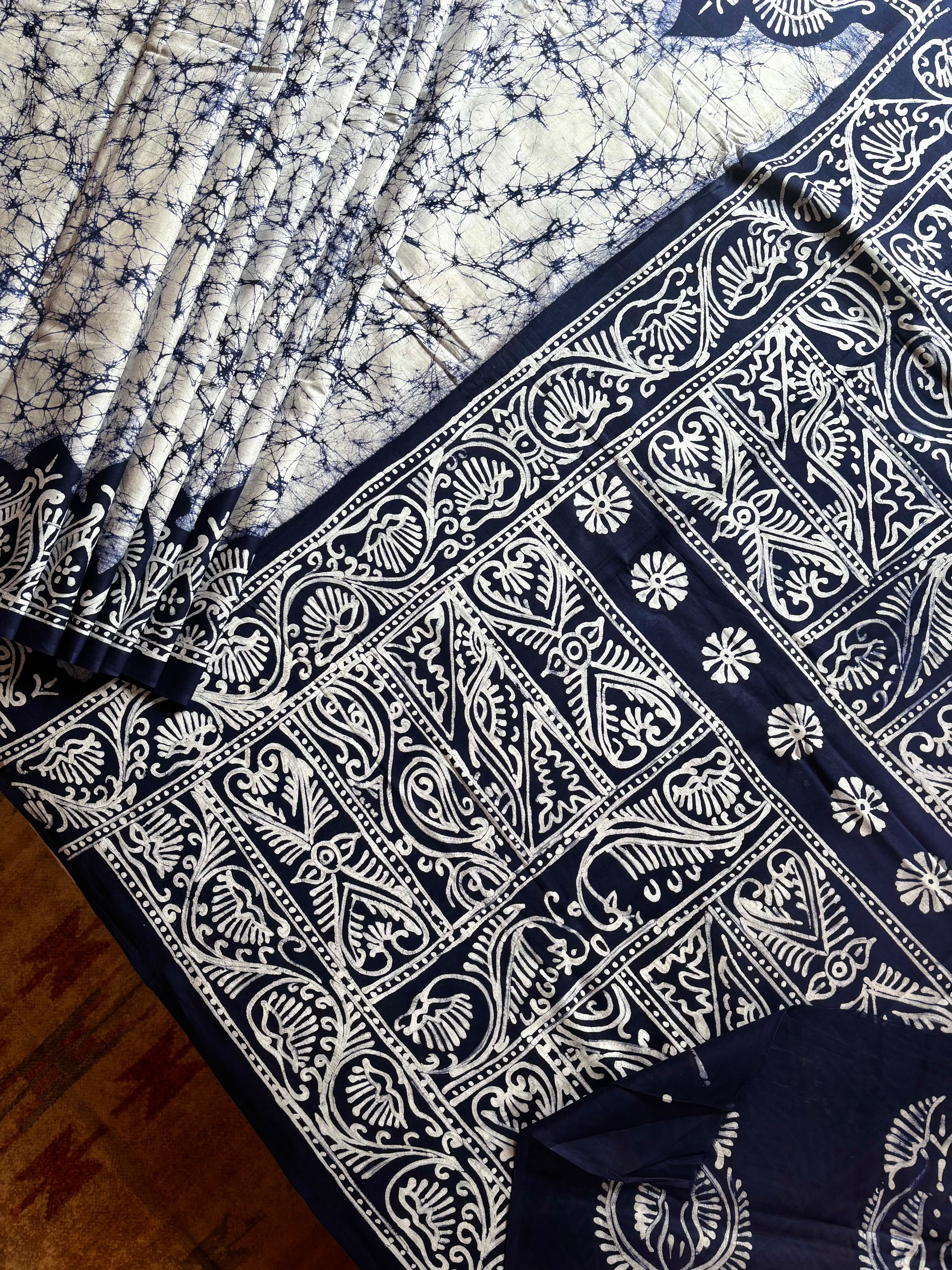 Handmade White Blue Pure Cotton Batik Saree