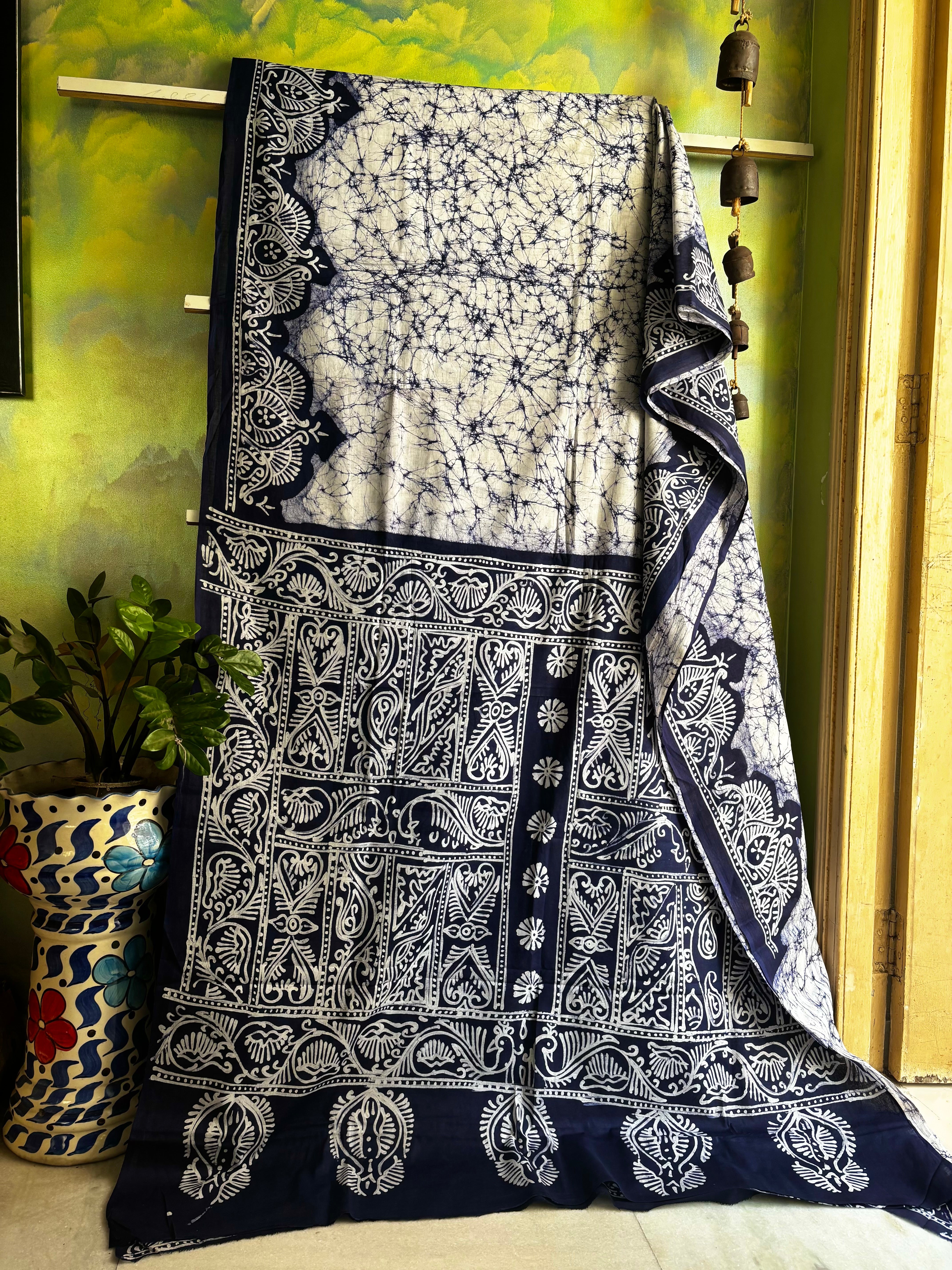 Handmade White Blue Pure Cotton Batik Saree