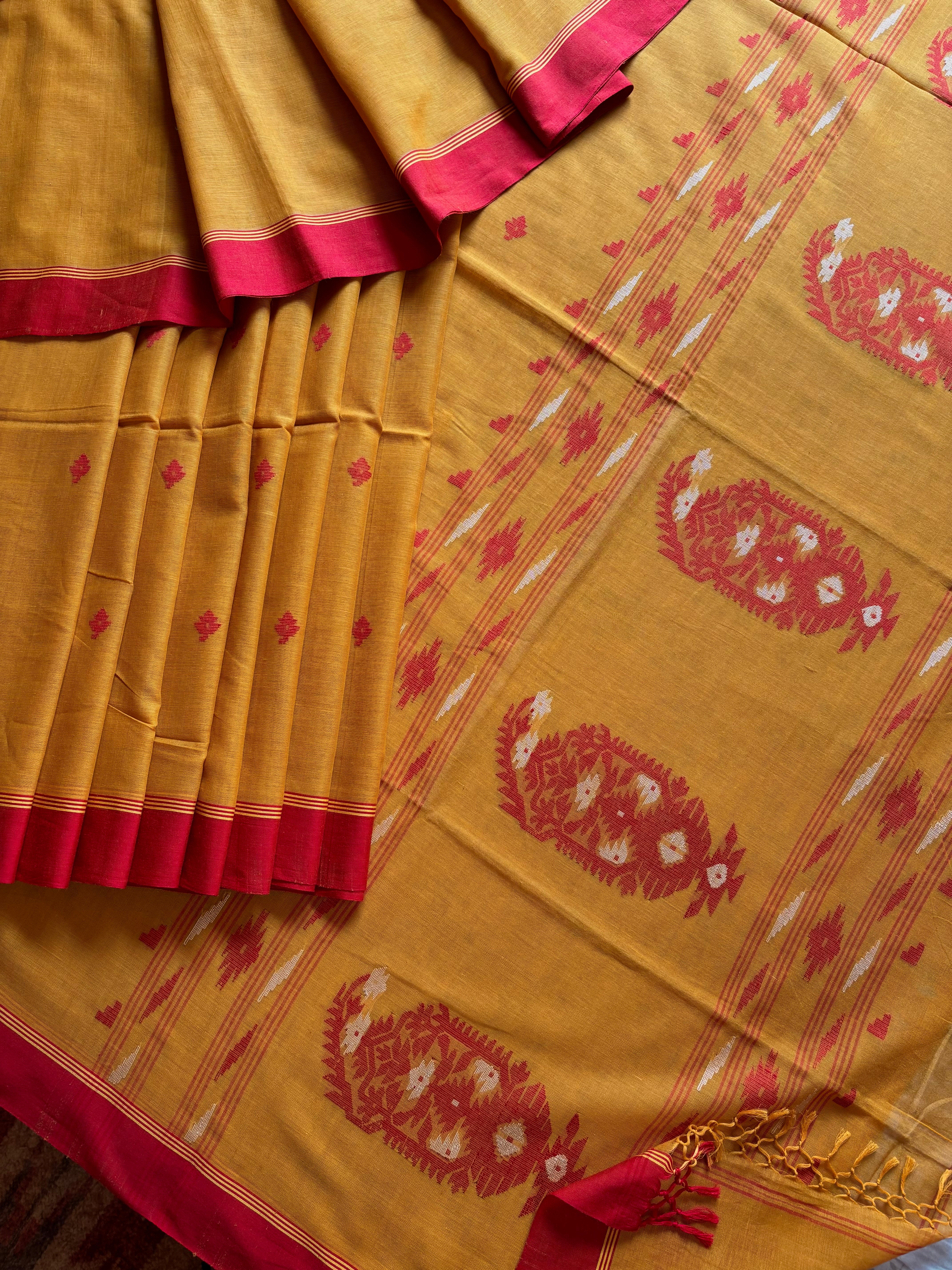 Handwoven Mustard Red Cotton Jamdani