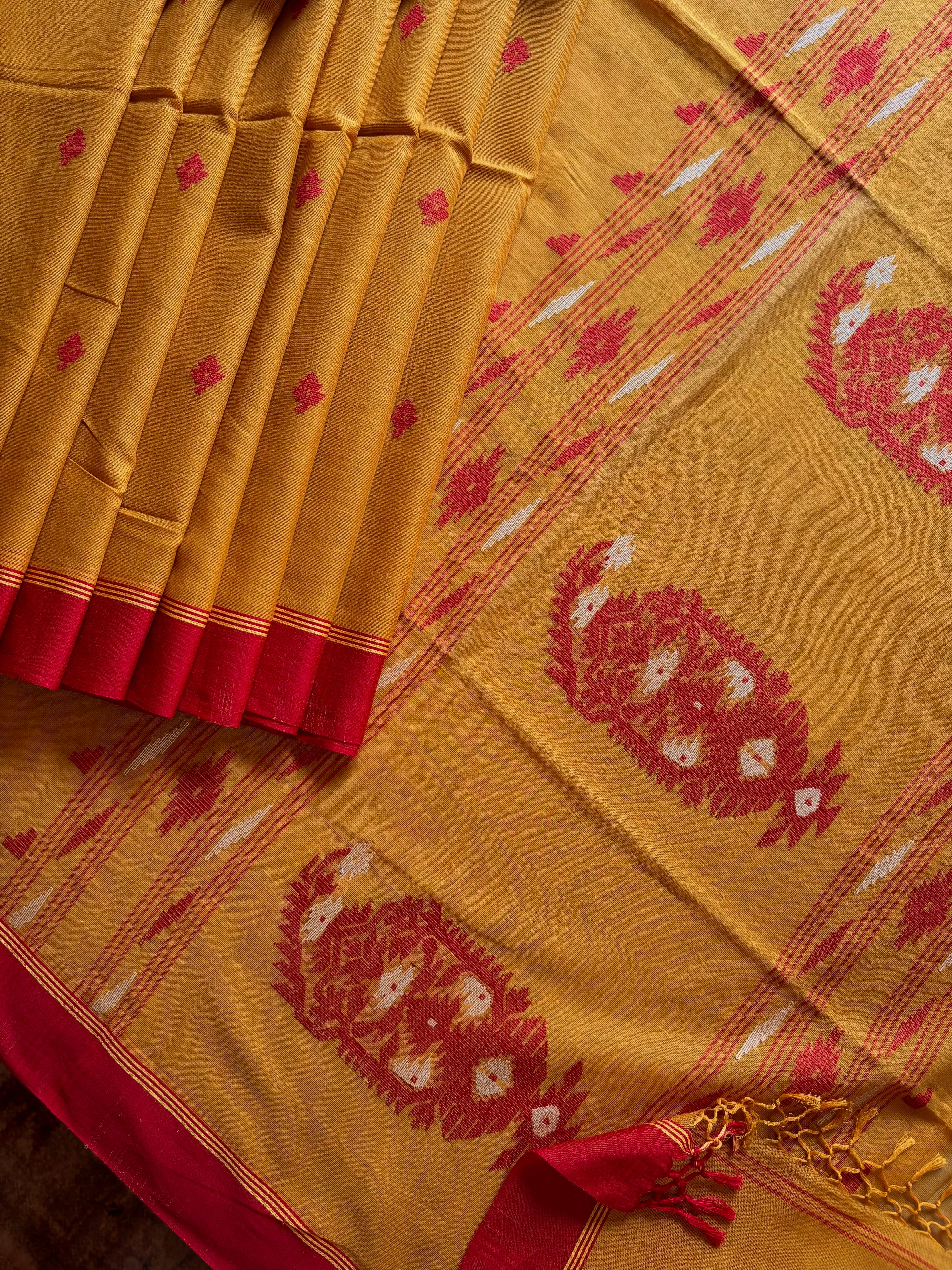 Handwoven Mustard Red Cotton Jamdani