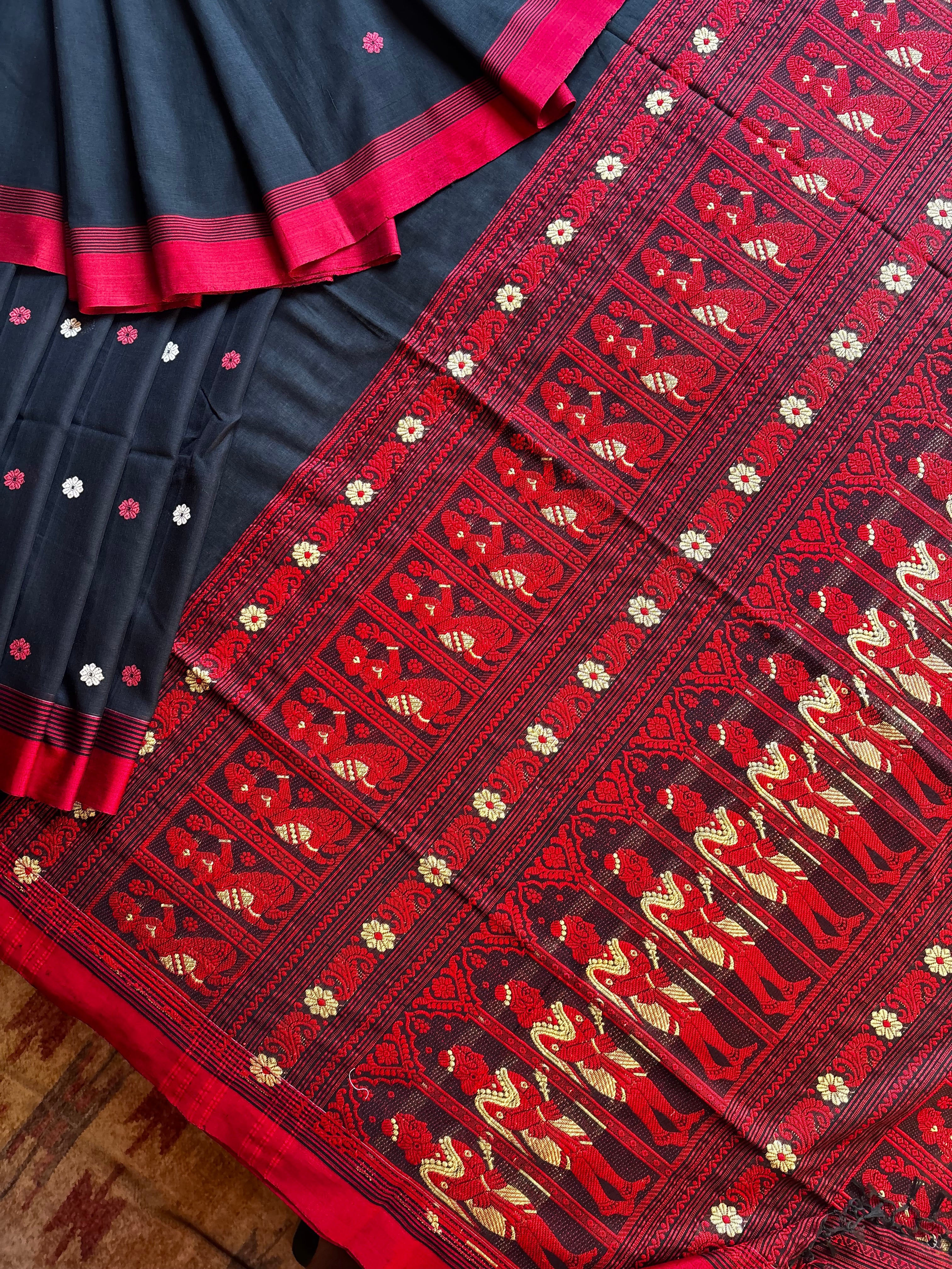 Handwoven Black Red Cotton Baluchari Saree
