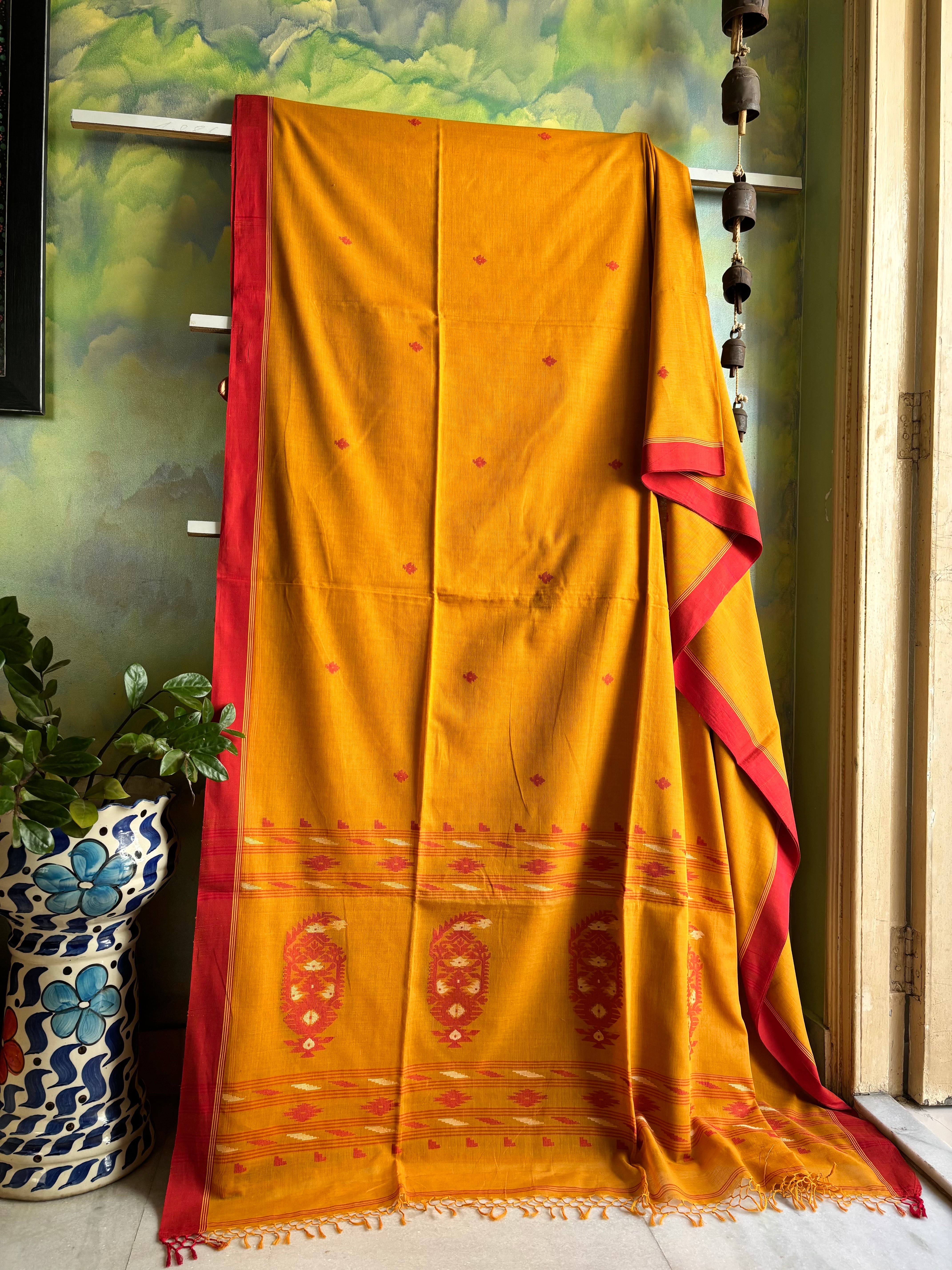 Handwoven Mustard Red Cotton Jamdani
