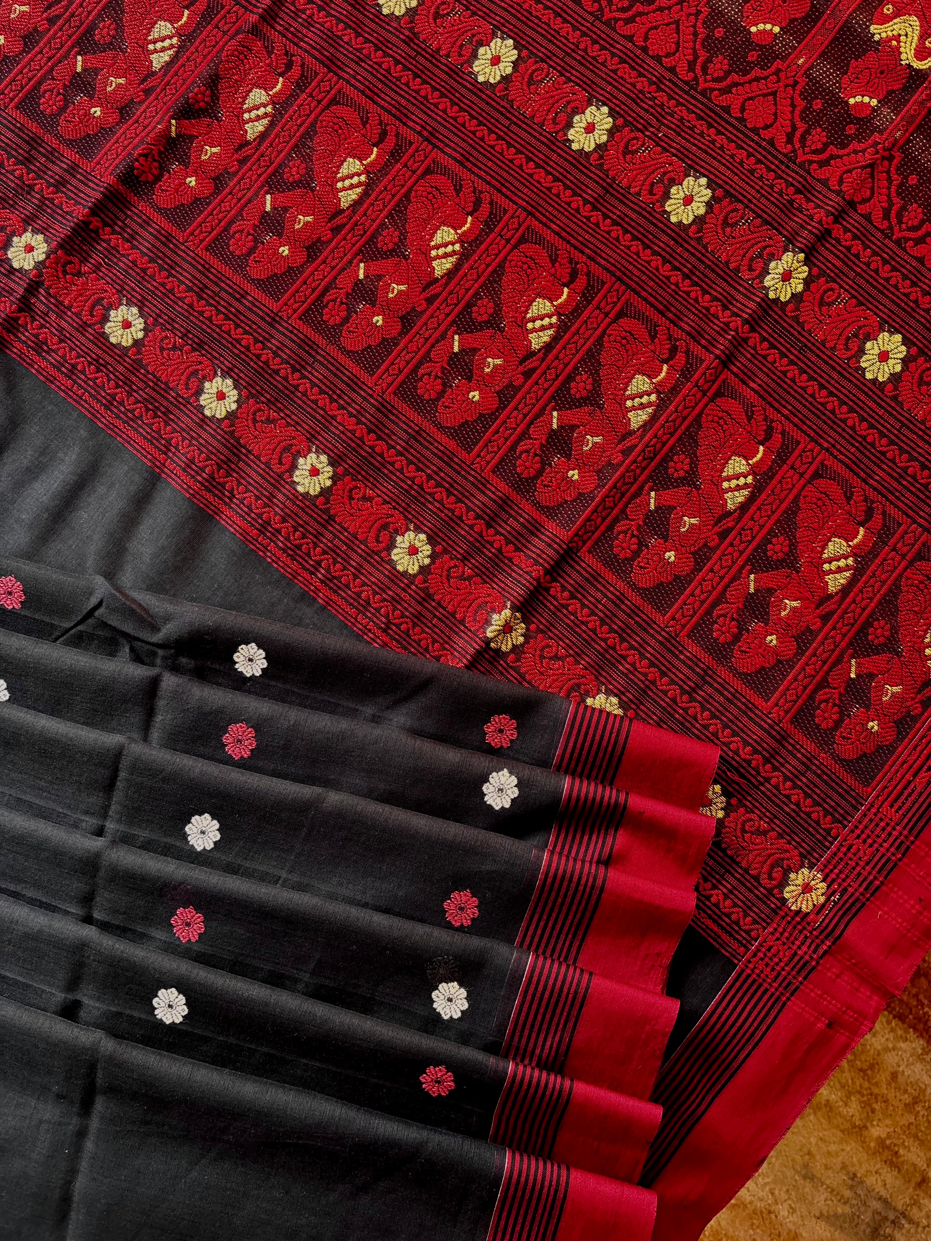 Handwoven Black Red Cotton Baluchari Saree